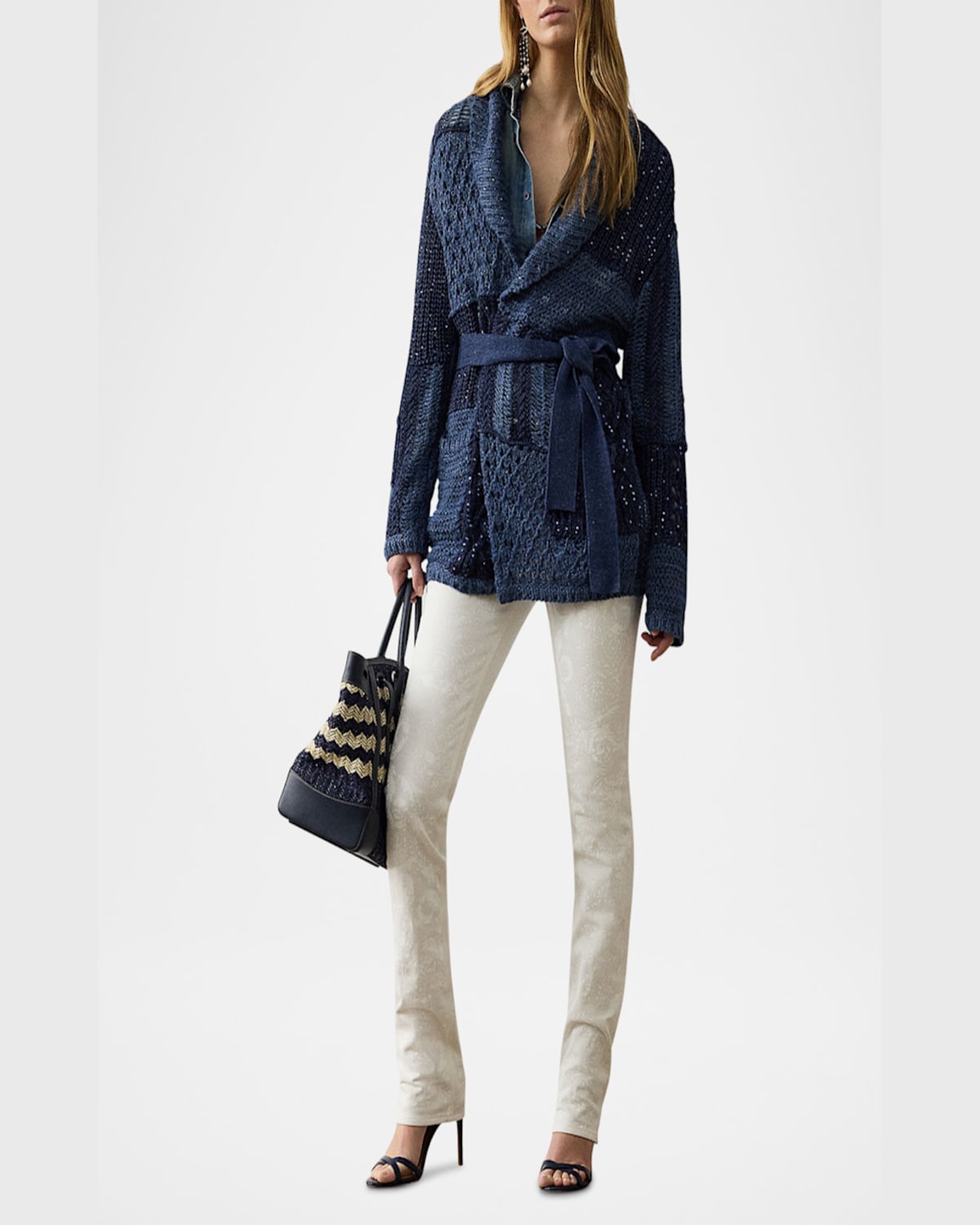 Ralph Lauren Patchwork Silk-linen Belted Cardigan In Blue Mu