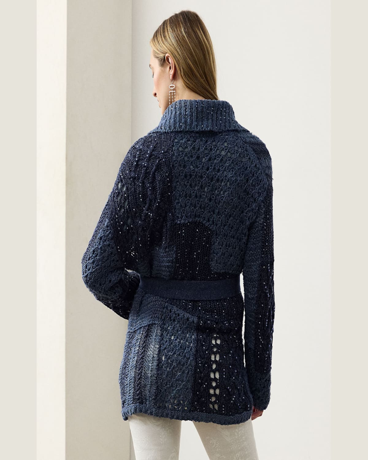 Ralph Lauren Patchwork Silk-linen Belted Cardigan In Blue Mu