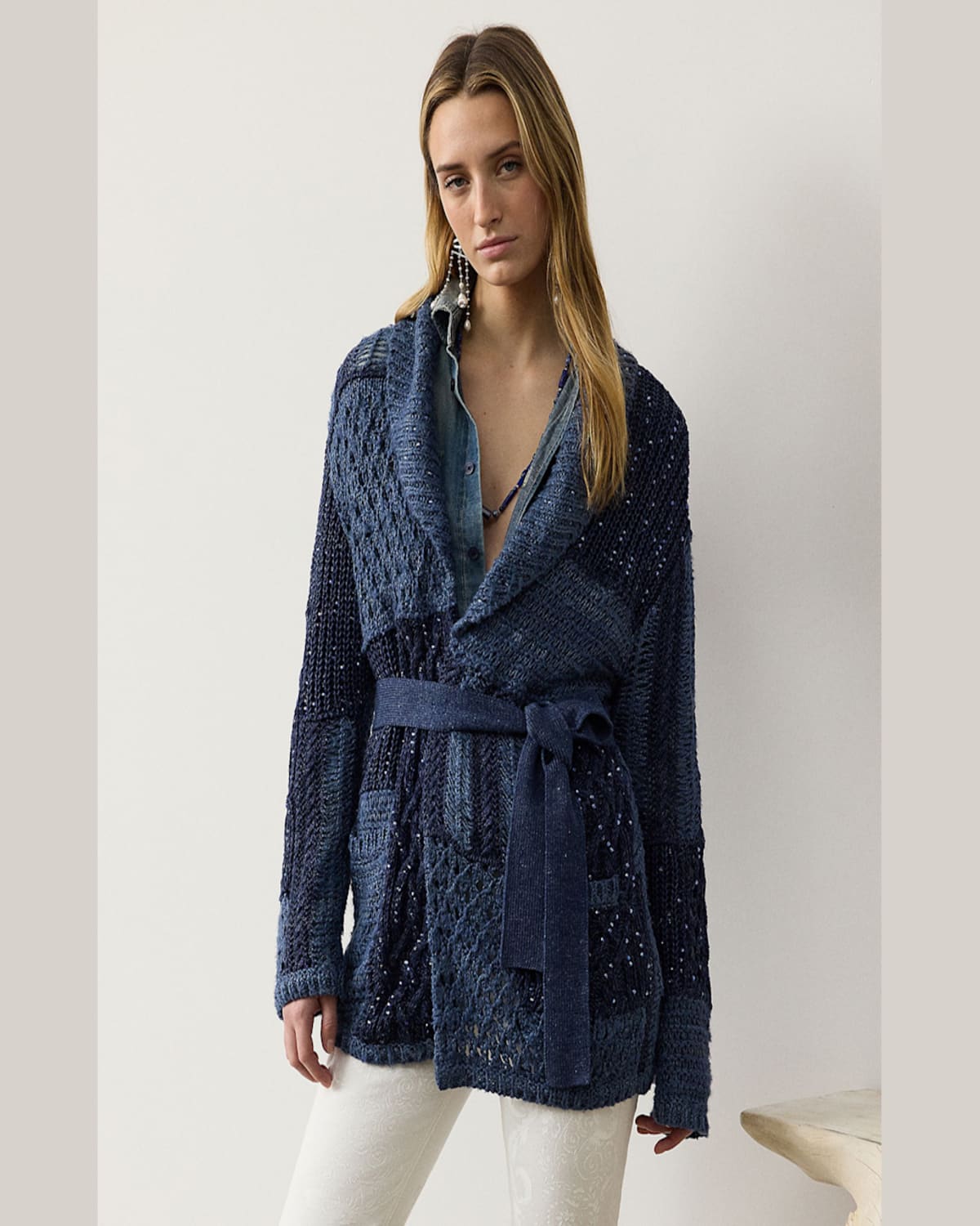 Ralph Lauren Patchwork Silk-linen Belted Cardigan In Blue Mu