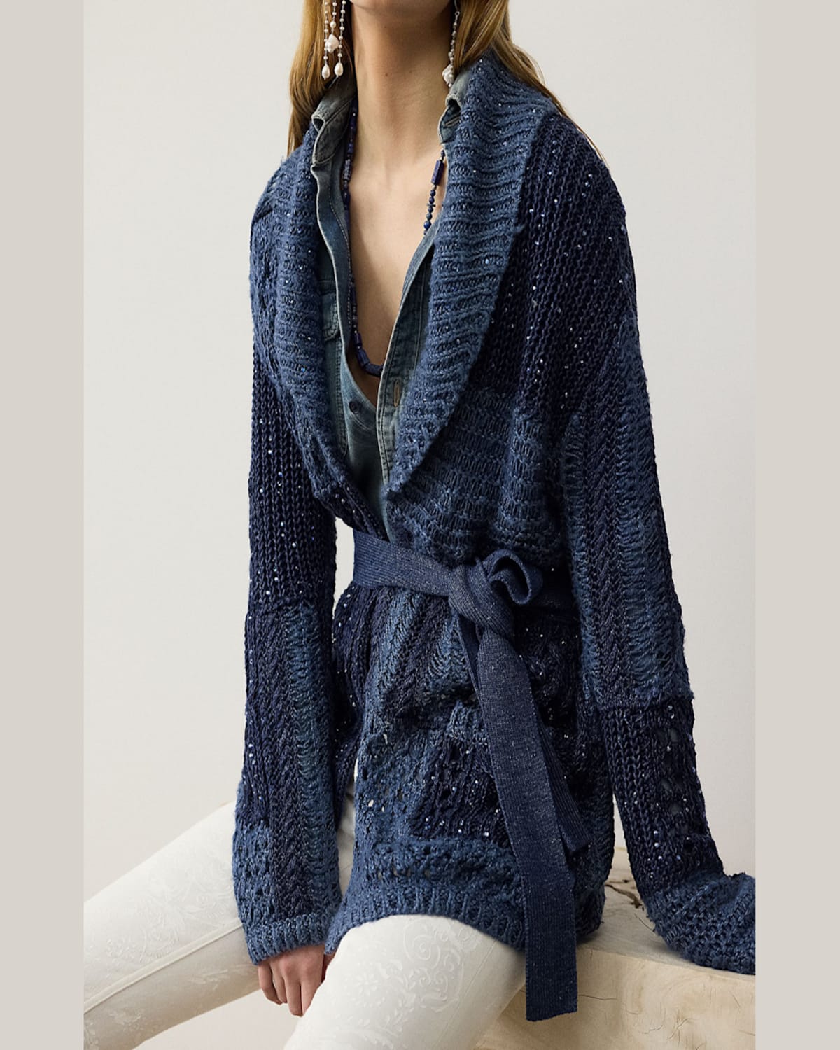 Ralph Lauren Patchwork Silk-linen Belted Cardigan In Blue Mu