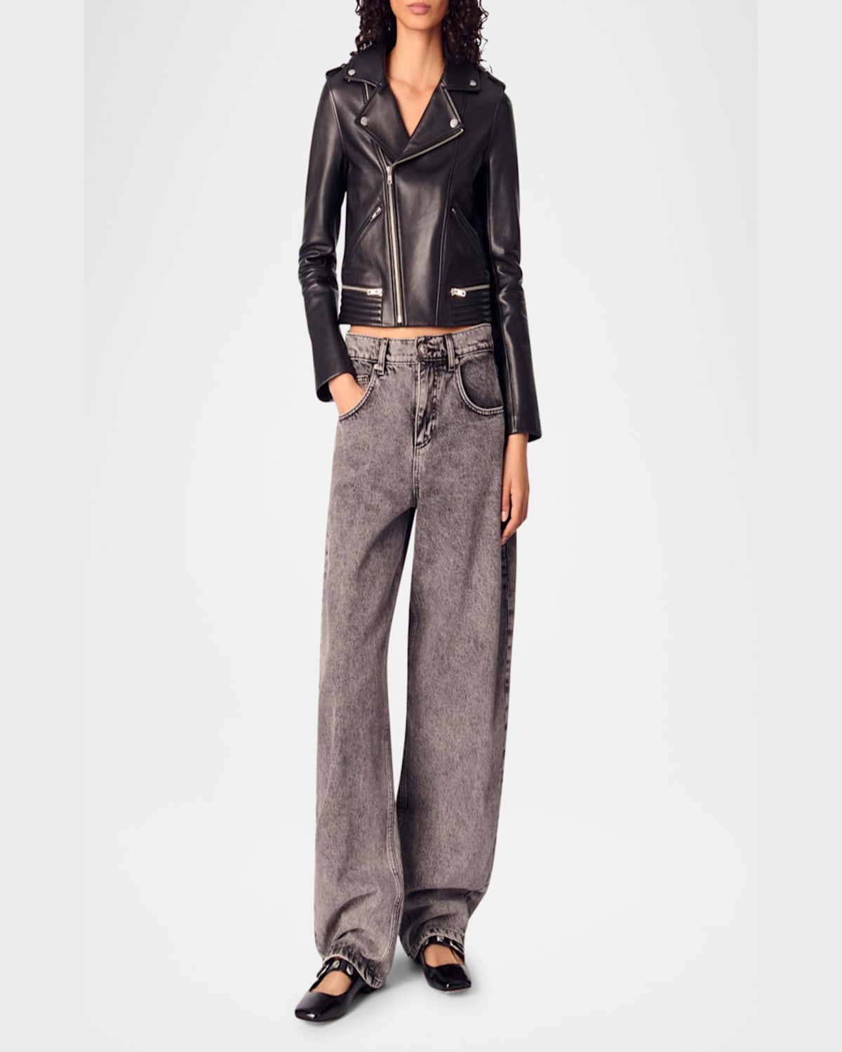 Maje Basaltm Leather Biker Jacket In Black