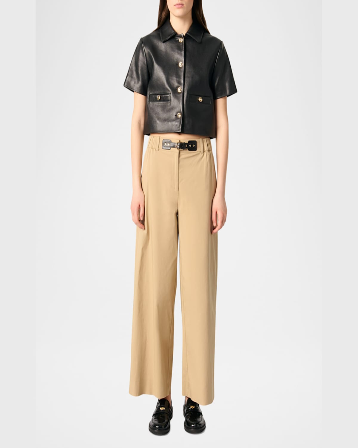 Maje Piuma Wide-leg Cotton Gabardine Trousers In Beige