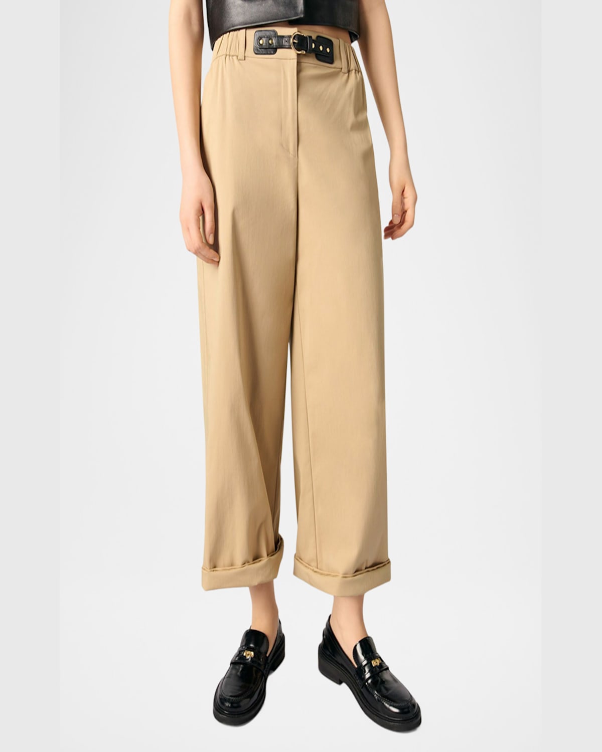 Maje Piuma Wide-leg Cotton Gabardine Trousers In Beige