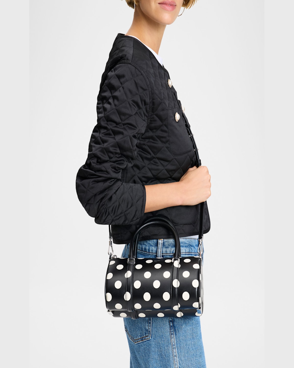 Kate Spade Spade Icon Small Polka Dot Leather Barrel Top-handle Bag In Black Multi.