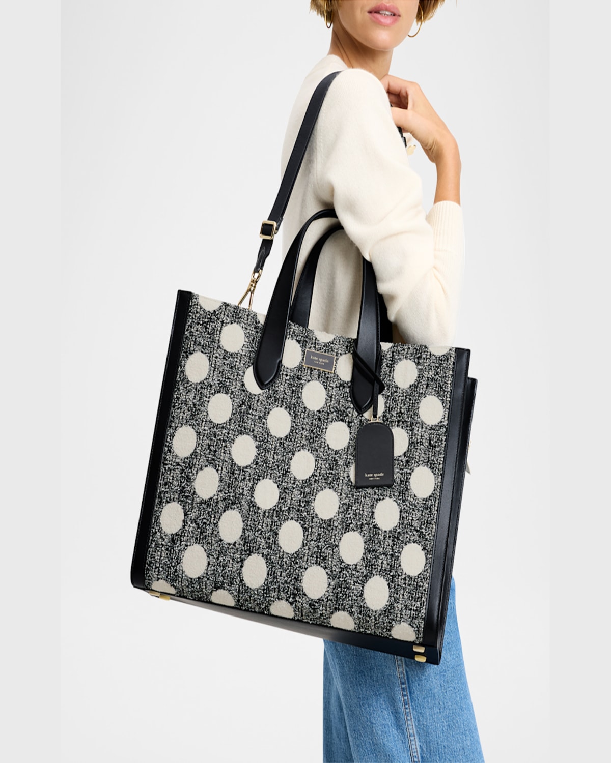 Kate Spade Manhattan Large Polk Dot Tweed Tote Bag In Black Multi.