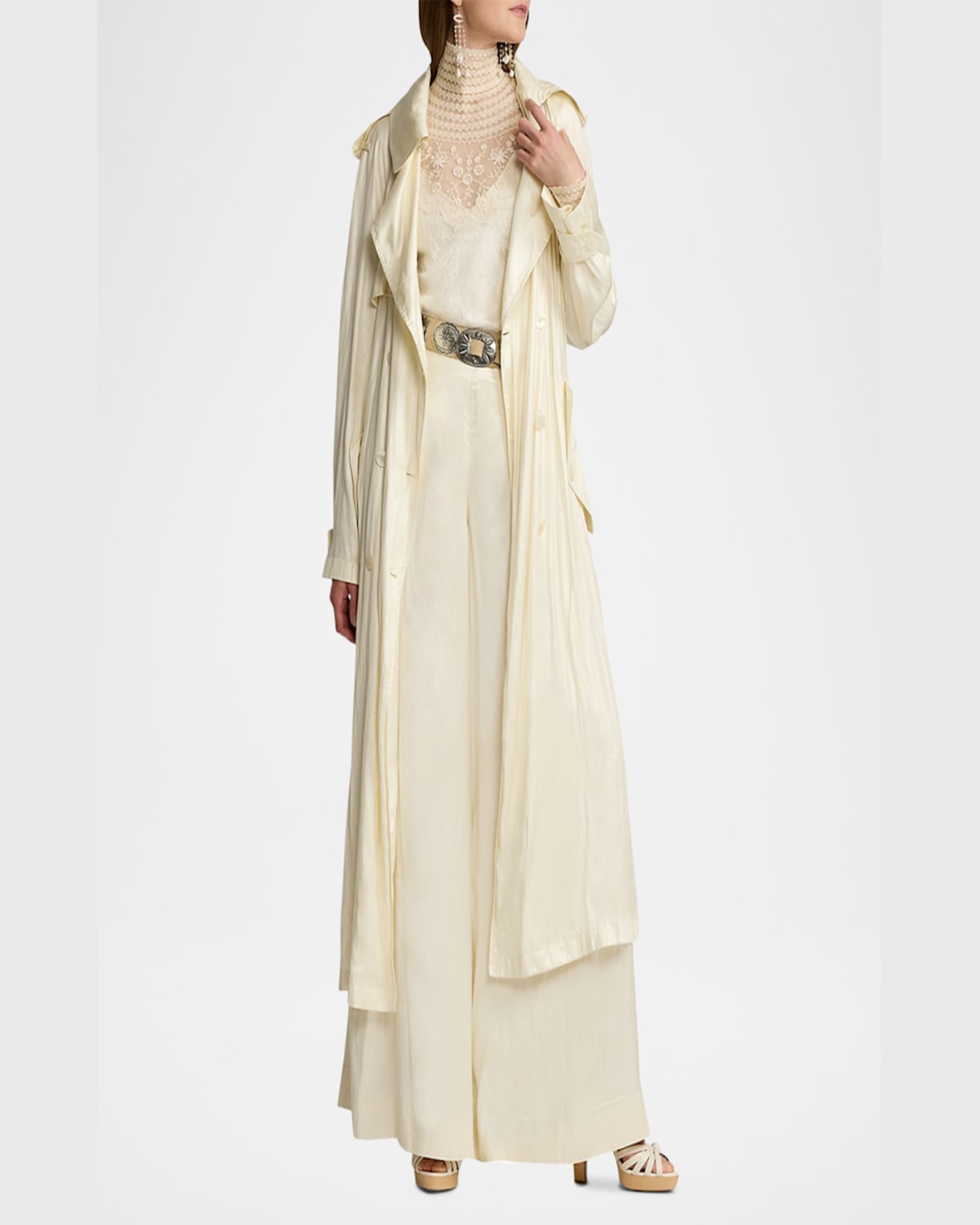 Ralph Lauren Twyla Technical Glossy Charmeuse Trench Coat In Cream