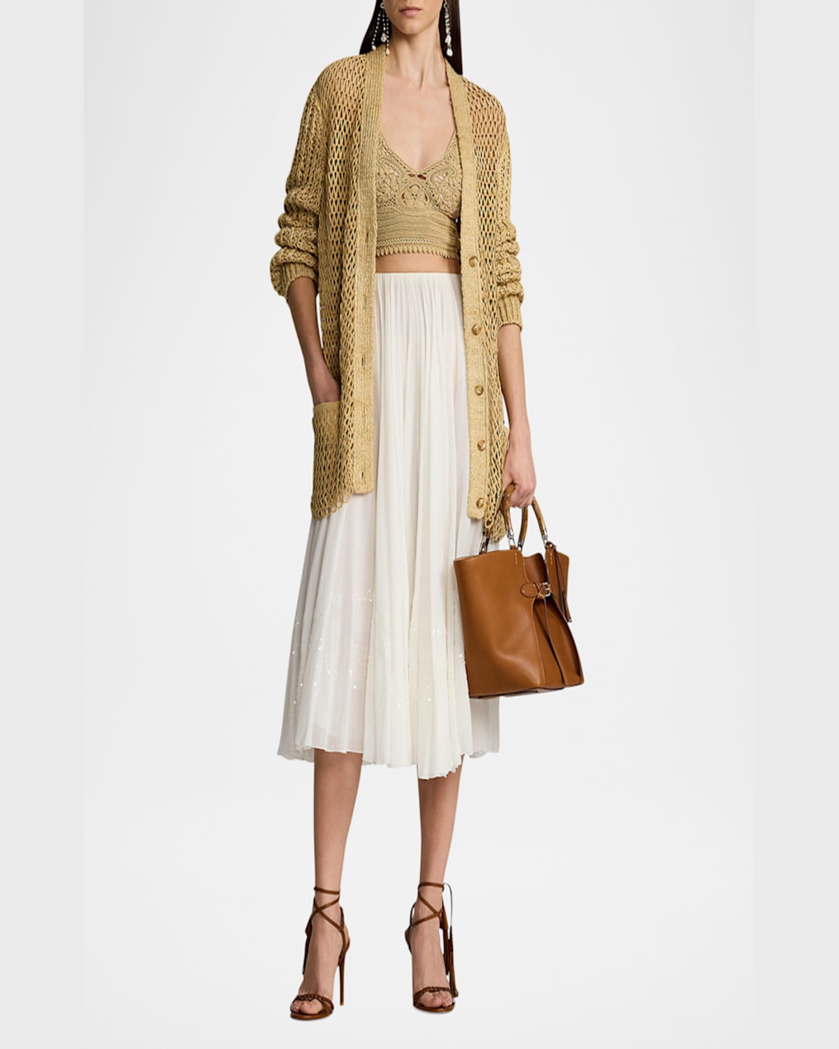 Ralph Lauren Hybrid Suede Silk-linen Boyfriend Cardigan In Light Sand