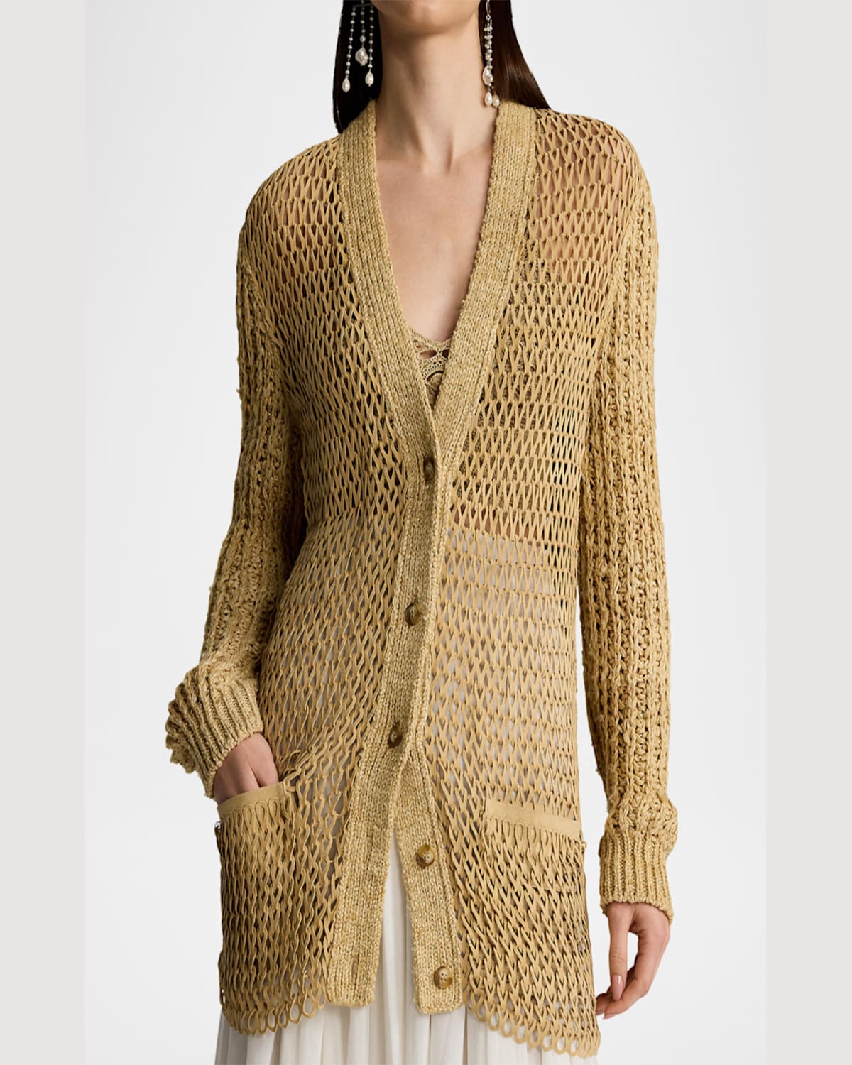 Ralph Lauren Hybrid Suede Silk-linen Boyfriend Cardigan In Light Sand
