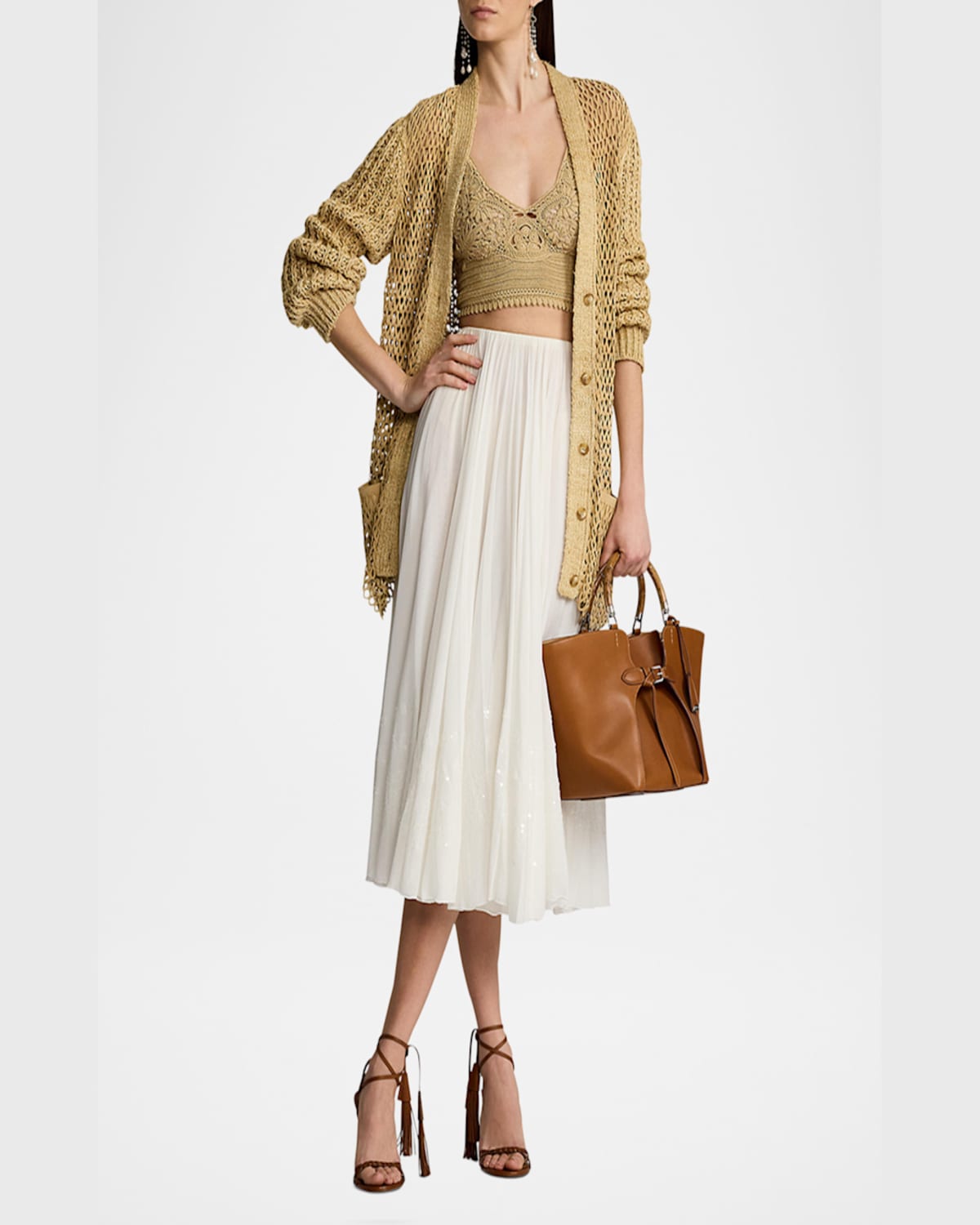 Ralph Lauren Trivelas Sequined Pleated Cotton Voile Maxi Skirt In White