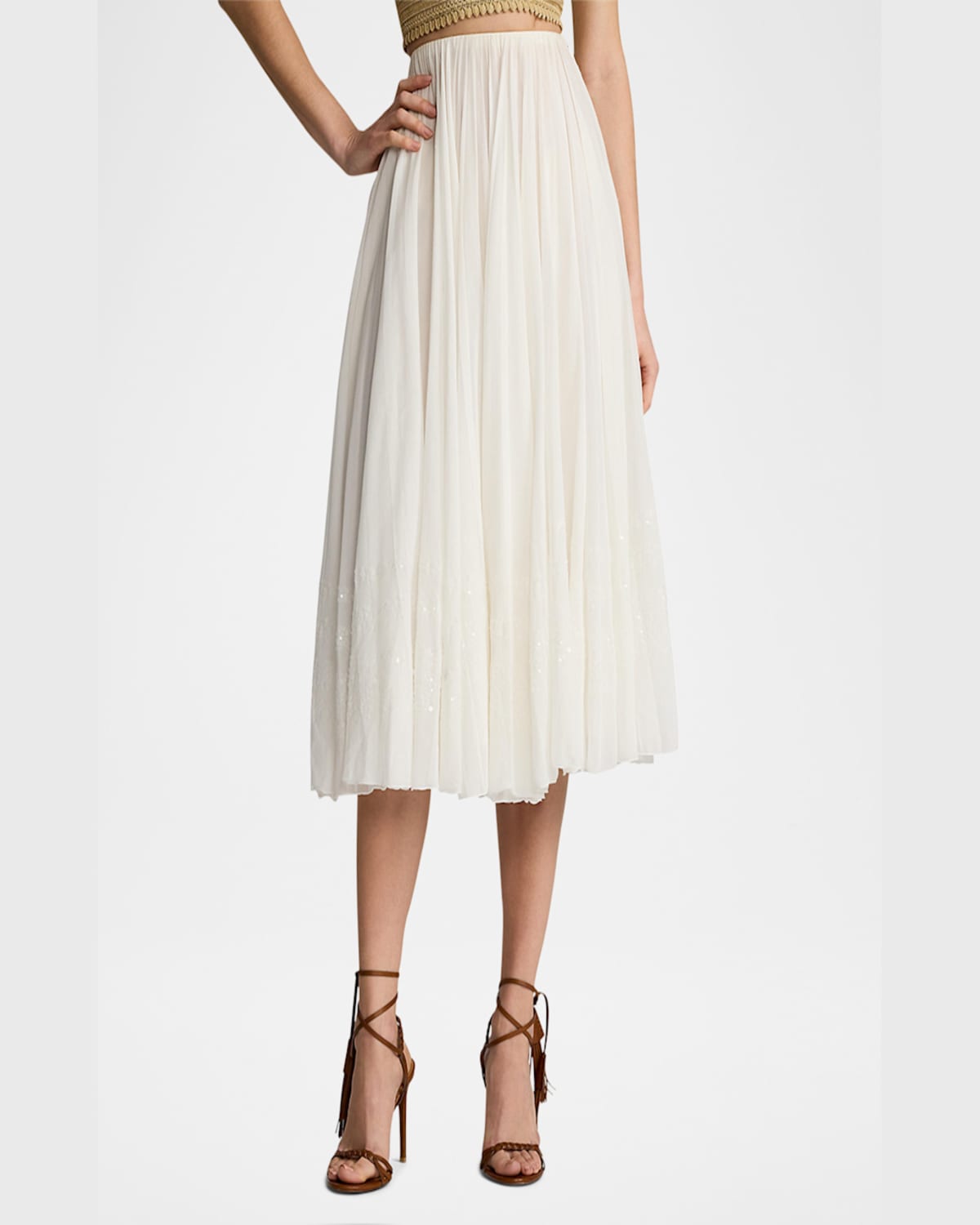Ralph Lauren Trivelas Sequined Pleated Cotton Voile Maxi Skirt In White