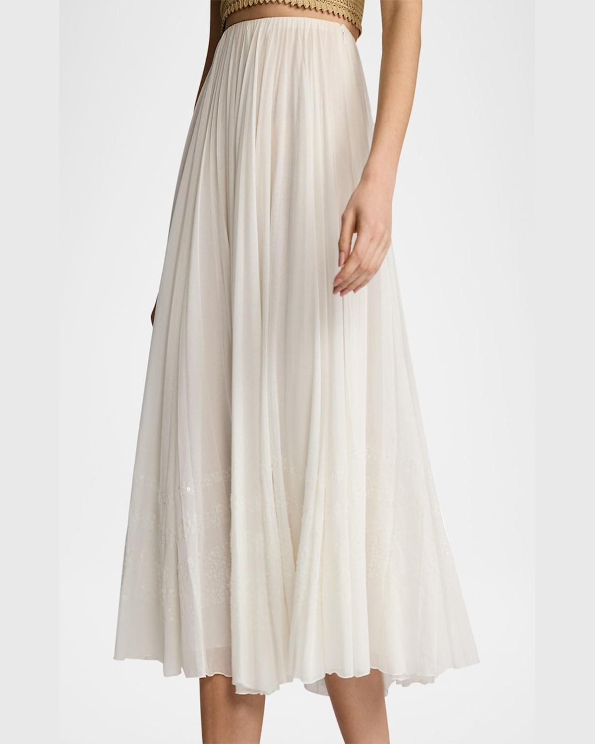 Ralph Lauren Trivelas Sequined Pleated Cotton Voile Maxi Skirt In White