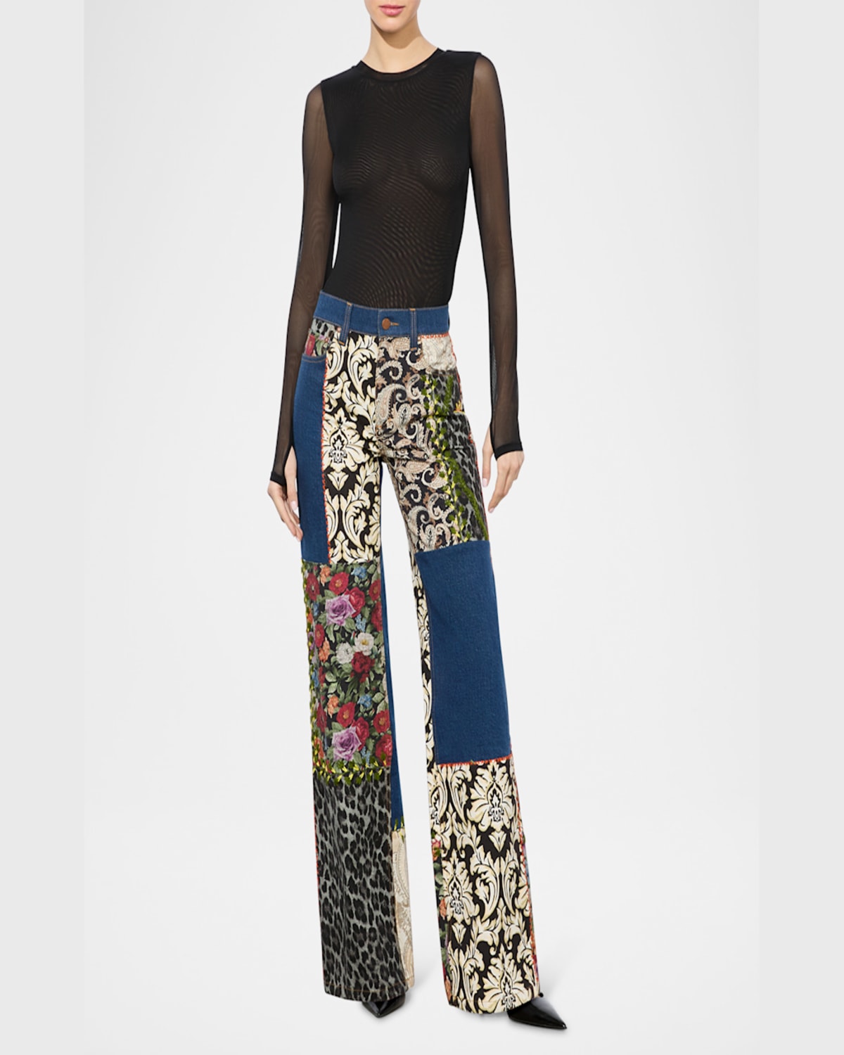 ALICE AND OLIVIA WEEZY HIGH-RISE MIXED-MEDIA PATCHWORK JEANS