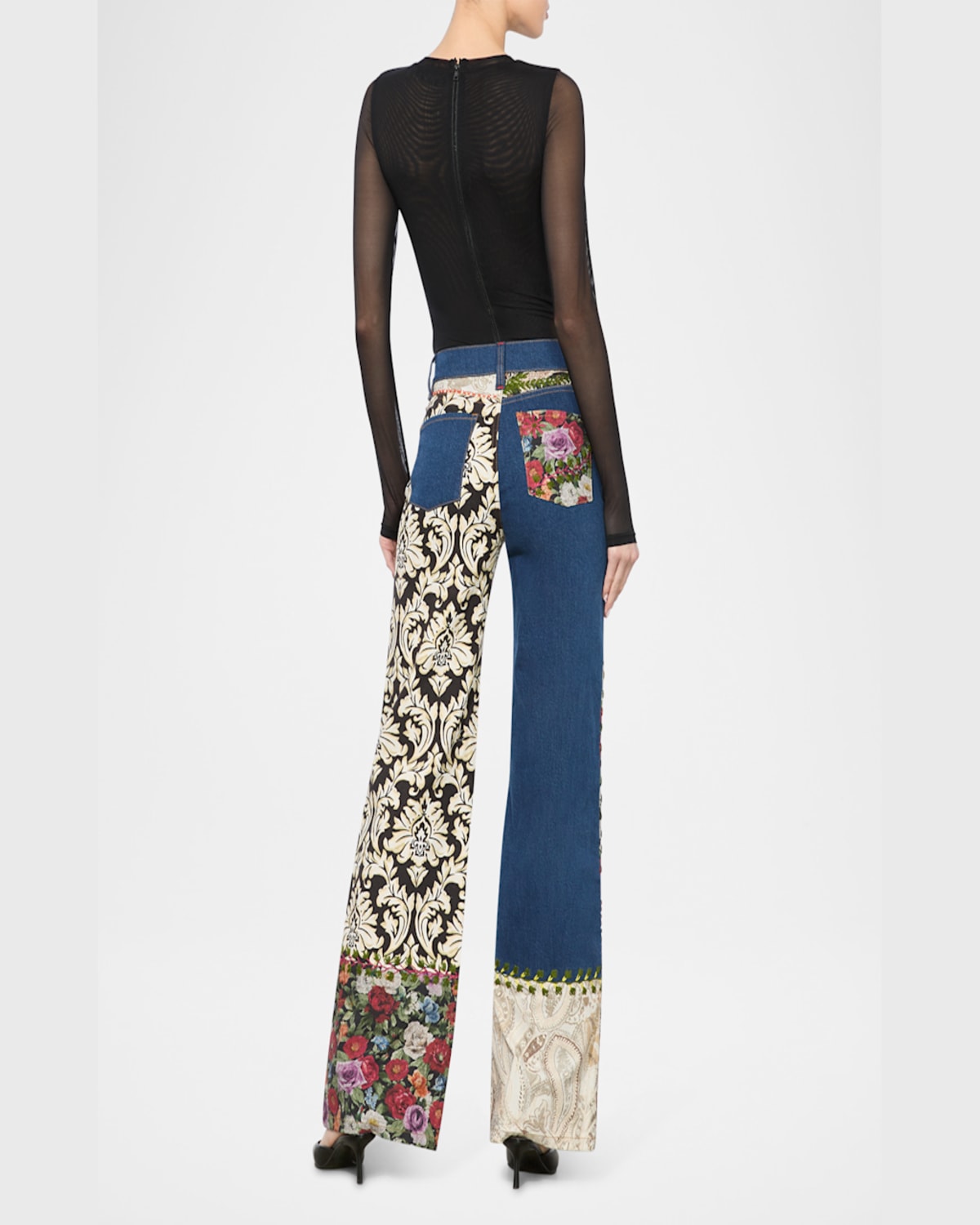 ALICE AND OLIVIA WEEZY HIGH-RISE MIXED-MEDIA PATCHWORK JEANS