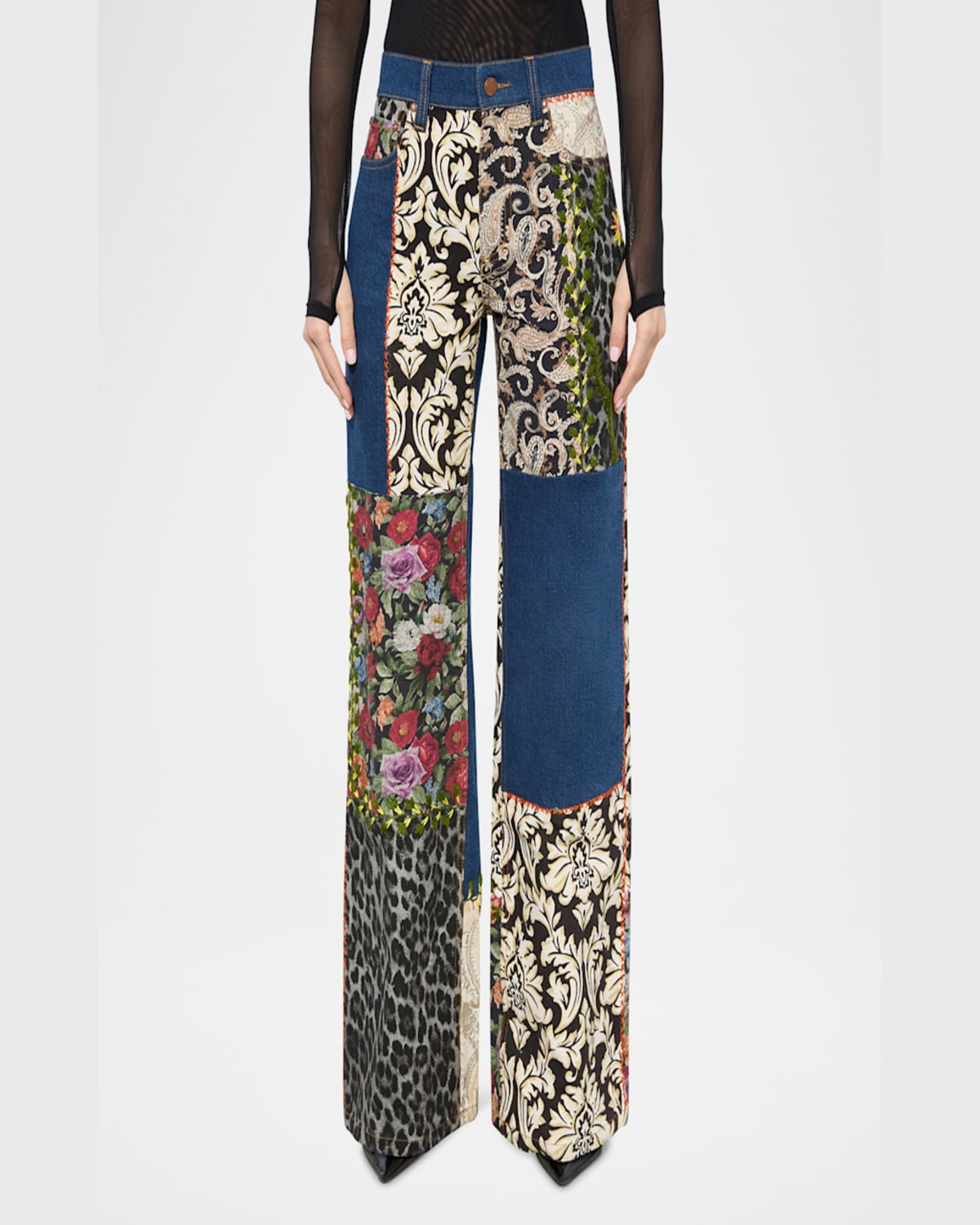 ALICE AND OLIVIA WEEZY HIGH-RISE MIXED-MEDIA PATCHWORK JEANS