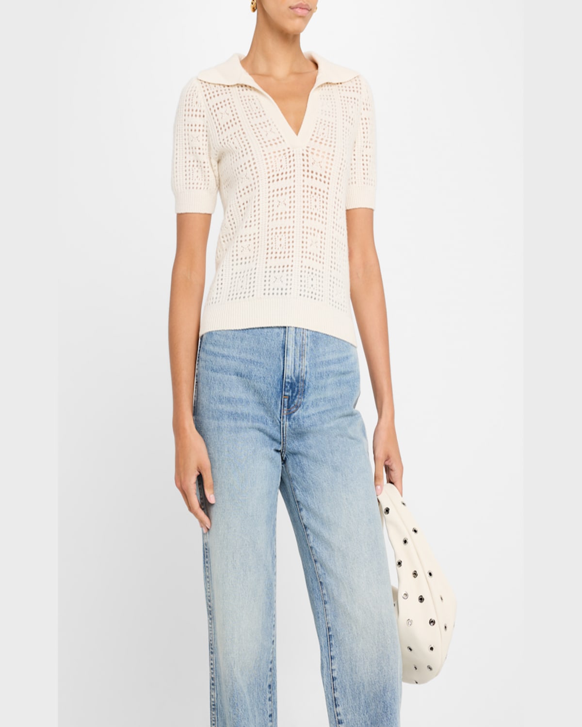 Naadam Cashmere Open-stitch Polo In White