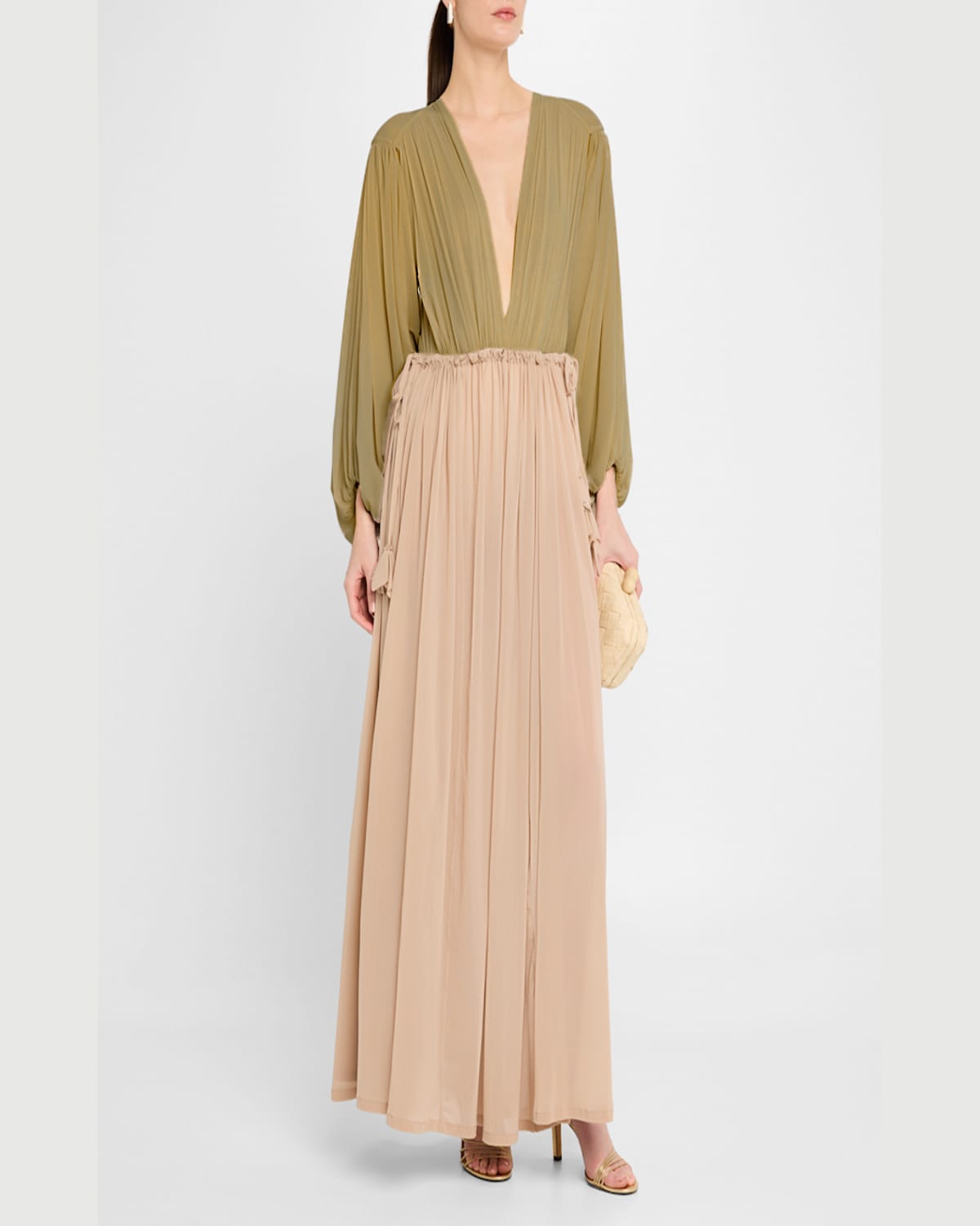 Shop Philosophy Di Lorenzo Serafini Plunging Gathered Long-sleeve Bodysuit In Beige