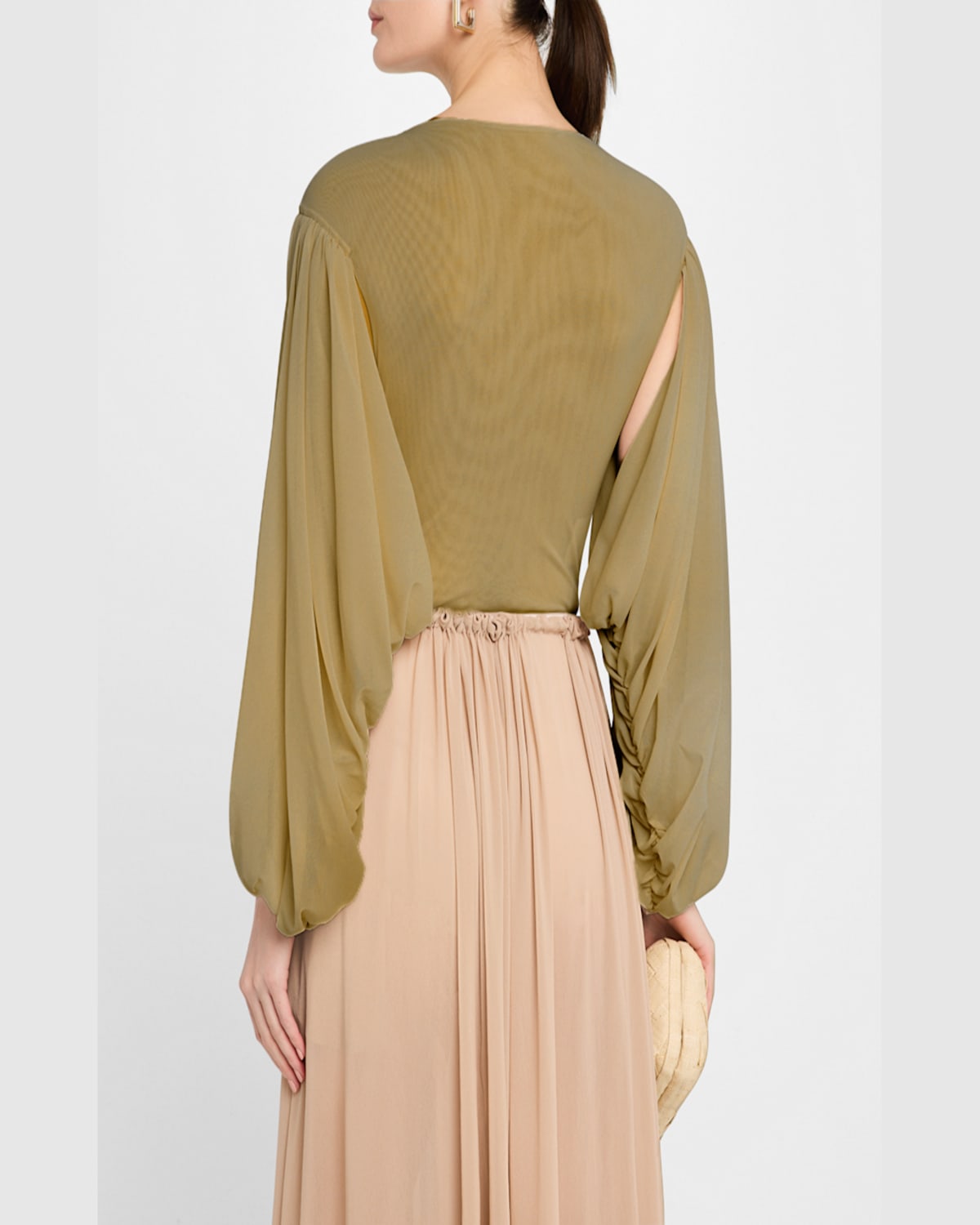 Shop Philosophy Di Lorenzo Serafini Plunging Gathered Long-sleeve Bodysuit In Beige