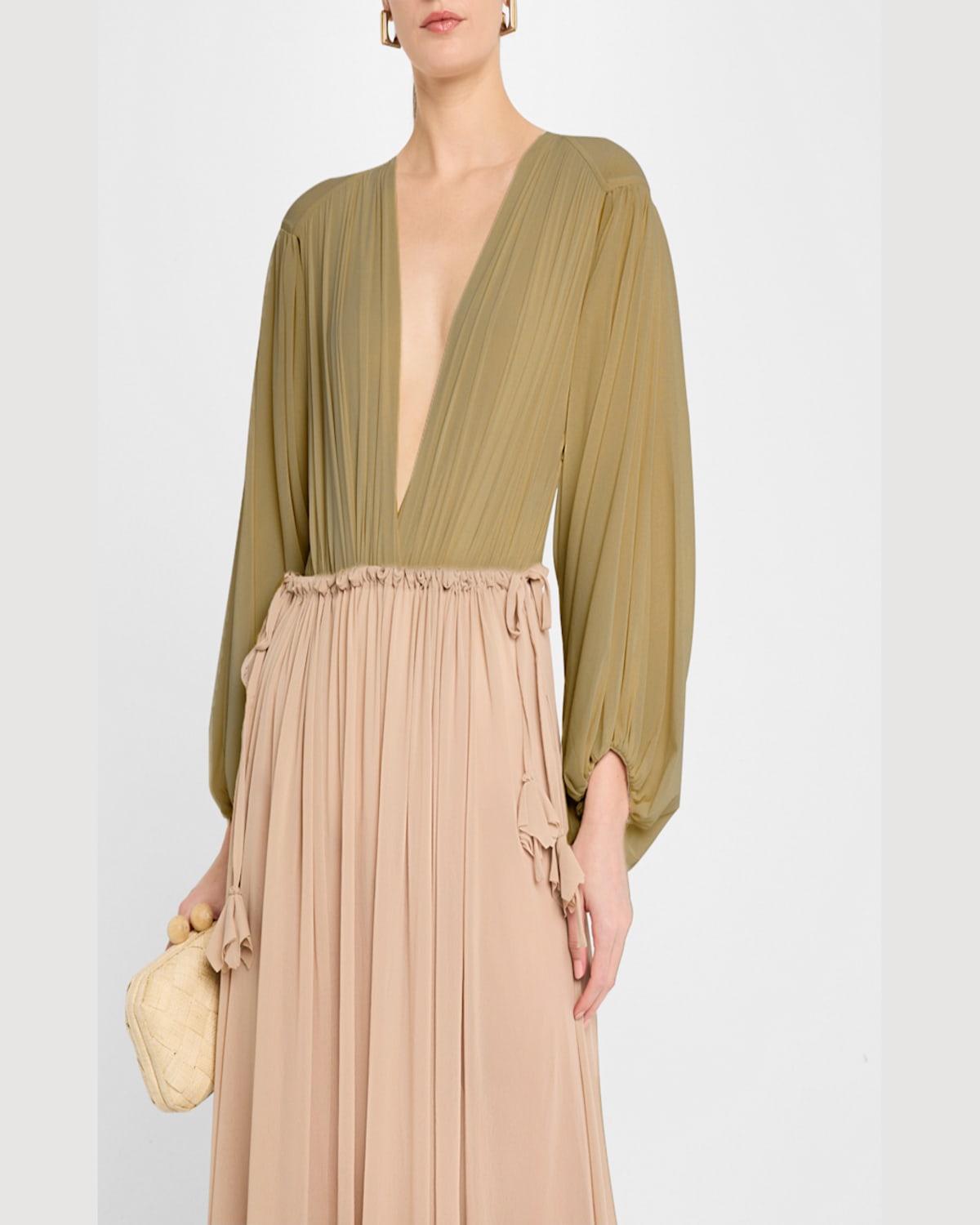 Shop Philosophy Di Lorenzo Serafini Plunging Gathered Long-sleeve Bodysuit In Beige