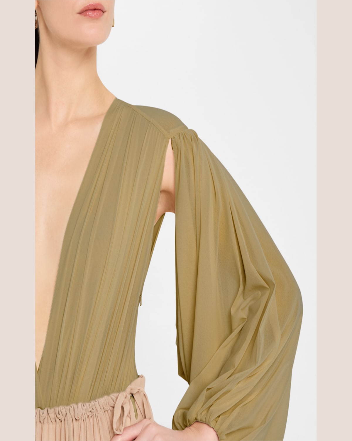 Shop Philosophy Di Lorenzo Serafini Plunging Gathered Long-sleeve Bodysuit In Beige