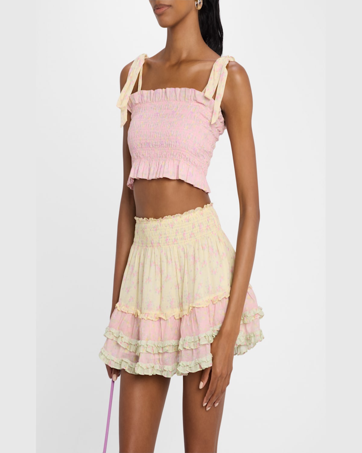 Loveshackfancy Corbin Smocked Crop Top In Pink Lemonade