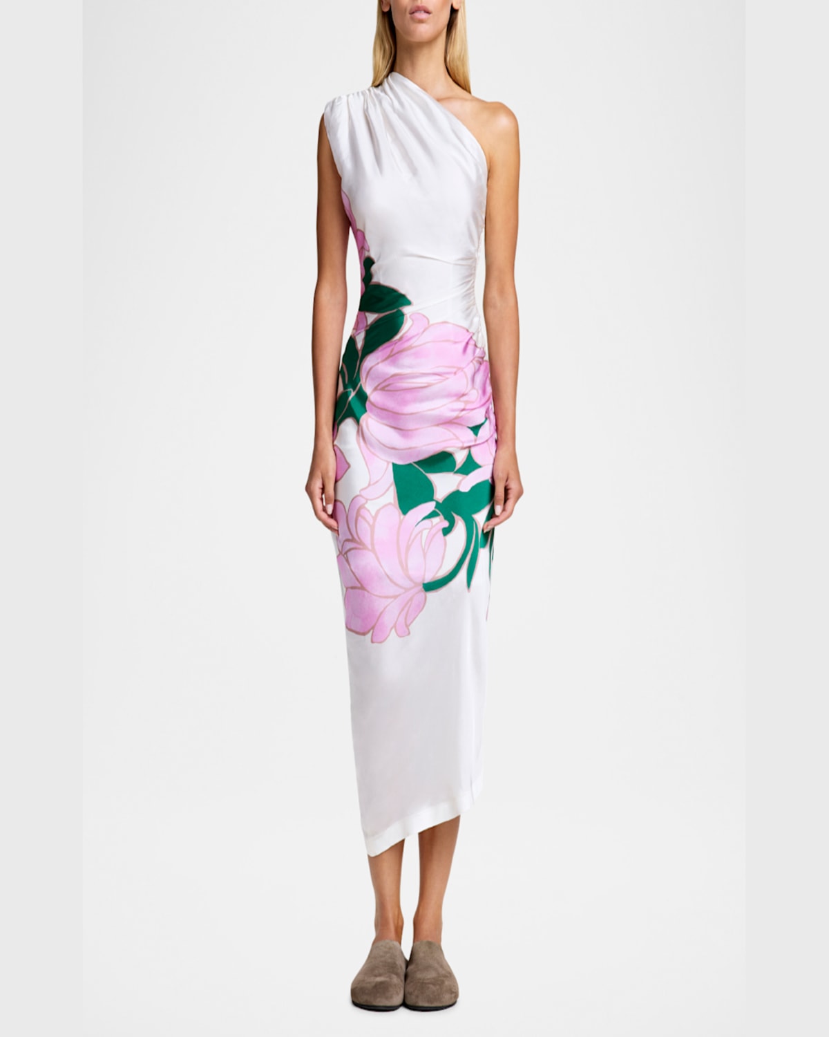 SMYTHE MAGNOLIA RUCHED ASYMMETRIC MIDI DRESS 