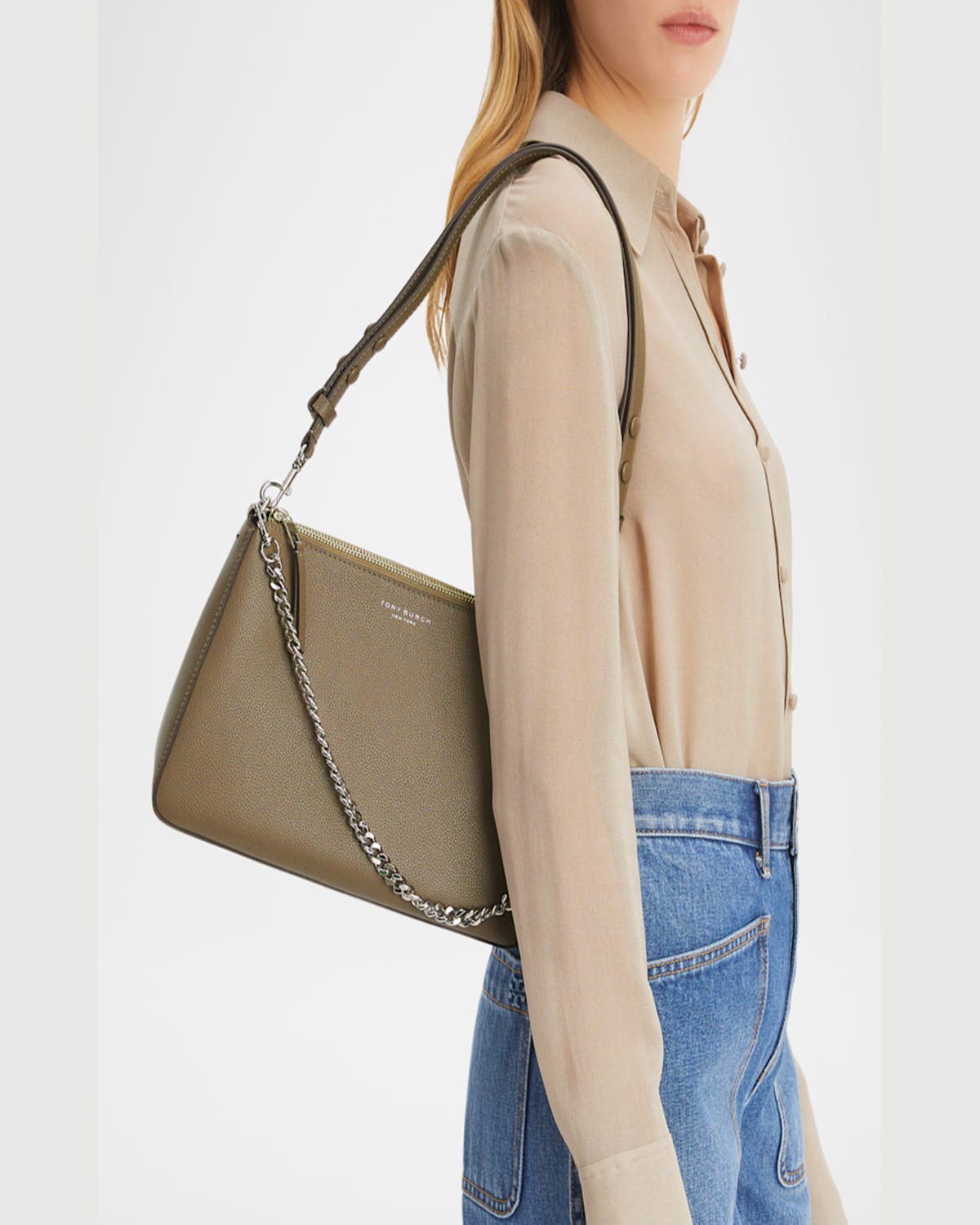 Tory Burch Perry Zip Leather Shoulder Bag In Wild Mushroom