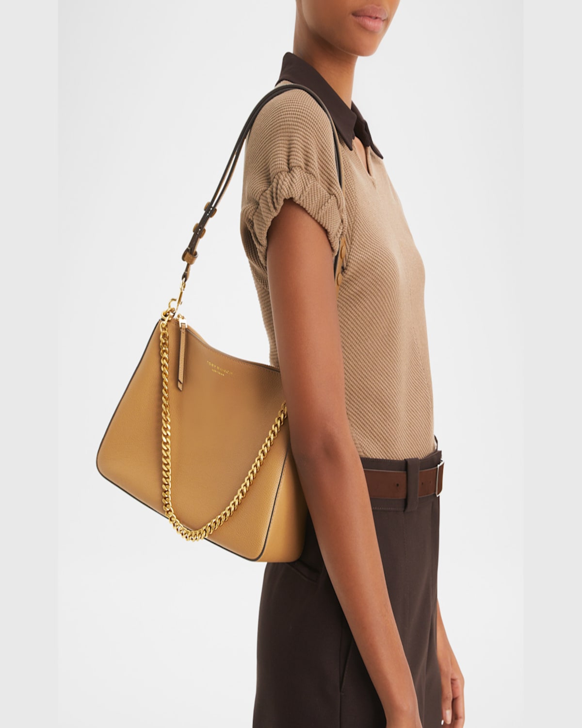 Tory Burch Perry Zip Leather Shoulder Bag In Tiramisu