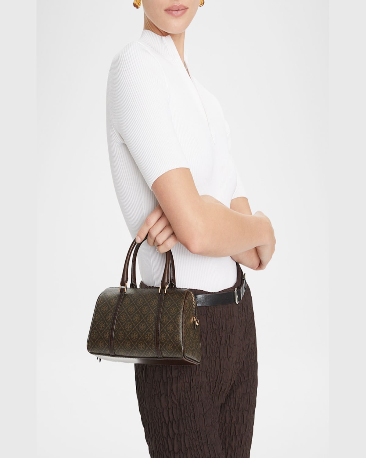 Tory Burch T Monogram Coated Canvas Mini Barrel Bag In French Press