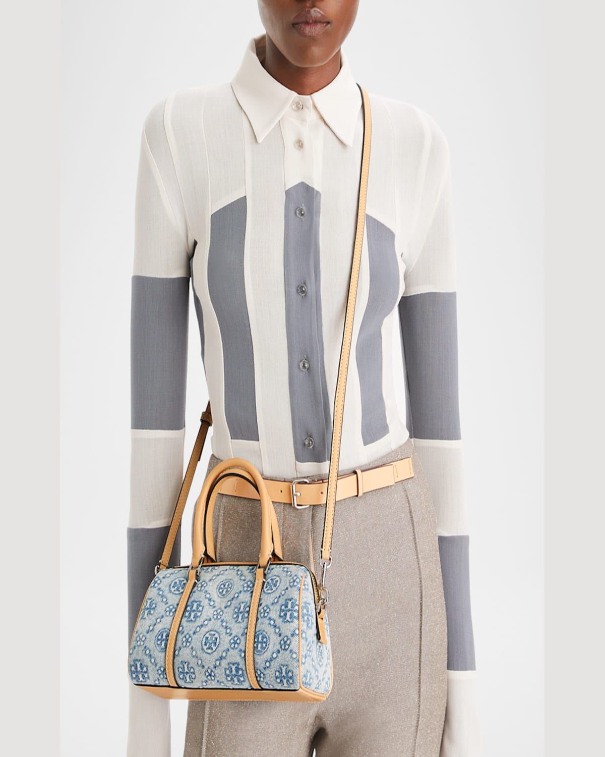 TORY BURCH MINI T MONOGRAM DENIM BARREL BAG 