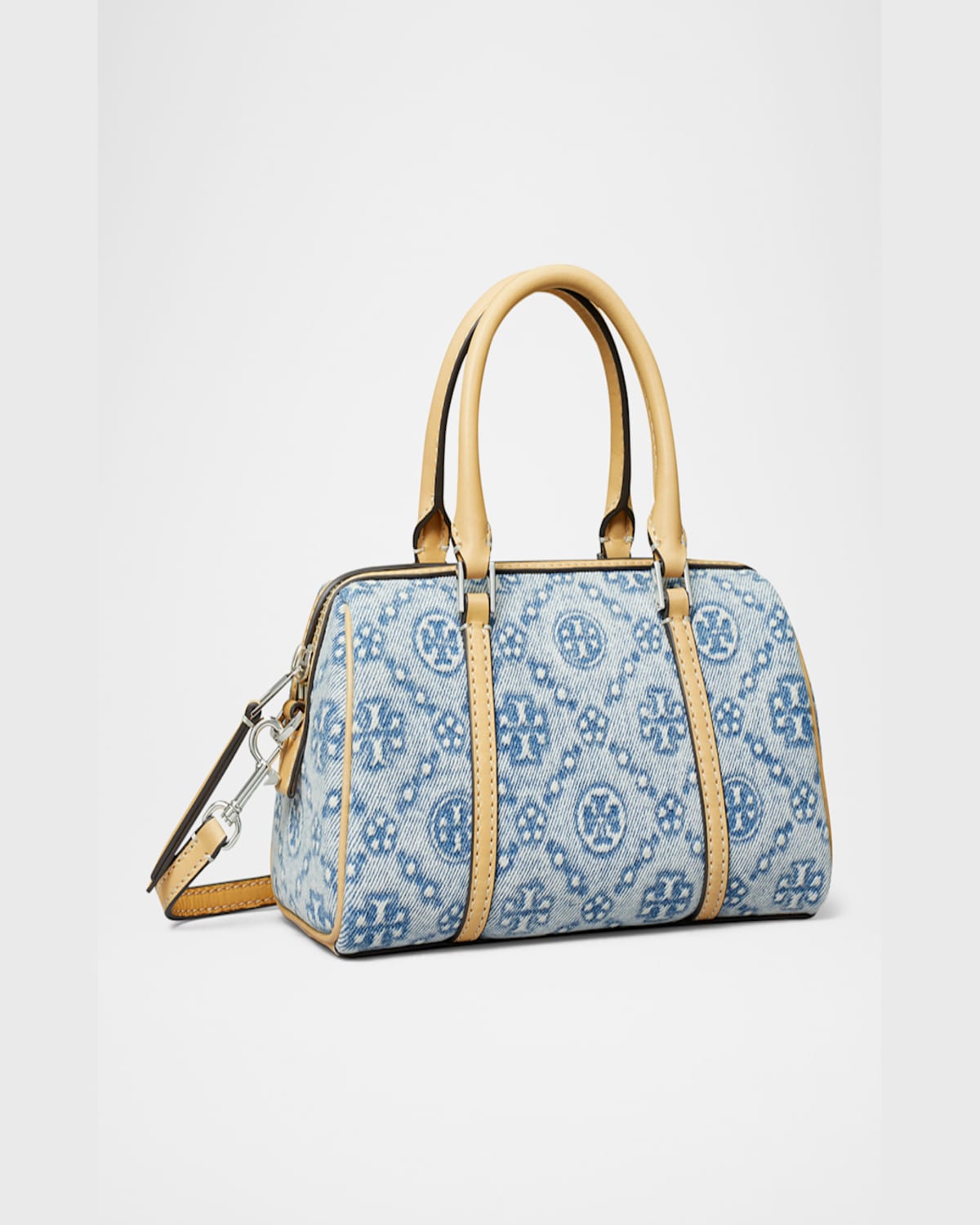 Shop Tory Burch Mini T Monogram Denim Barrel Bag In Powder Blue