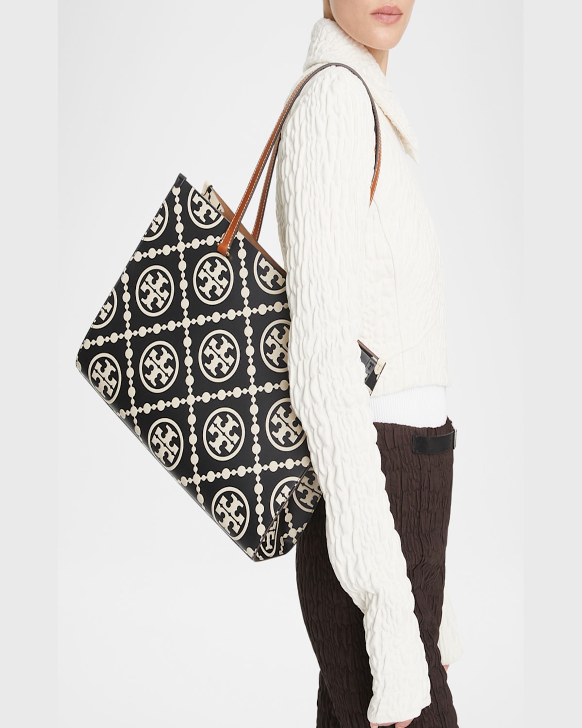 Tory Burch T Monogram Embossed Leather Tote Bag In Blackwhite