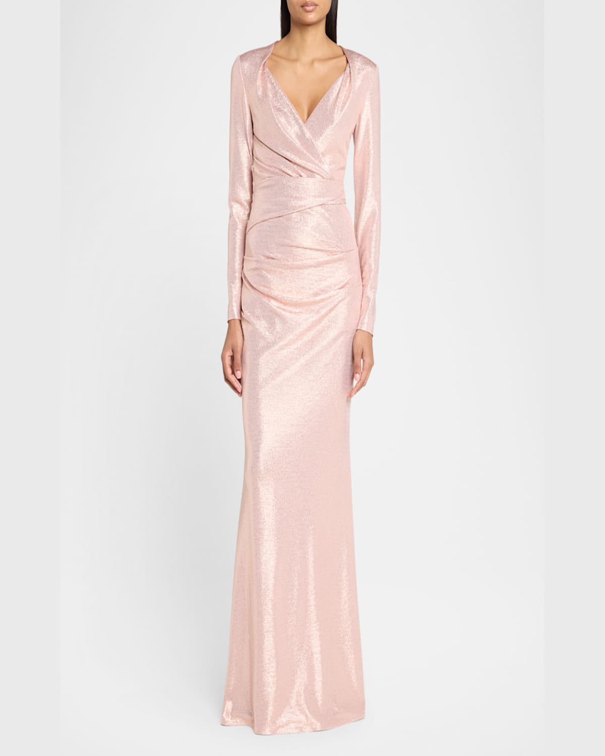 Talbot Runhof Draped Mirrorball Stretch Long-sleeve Gown In Blush