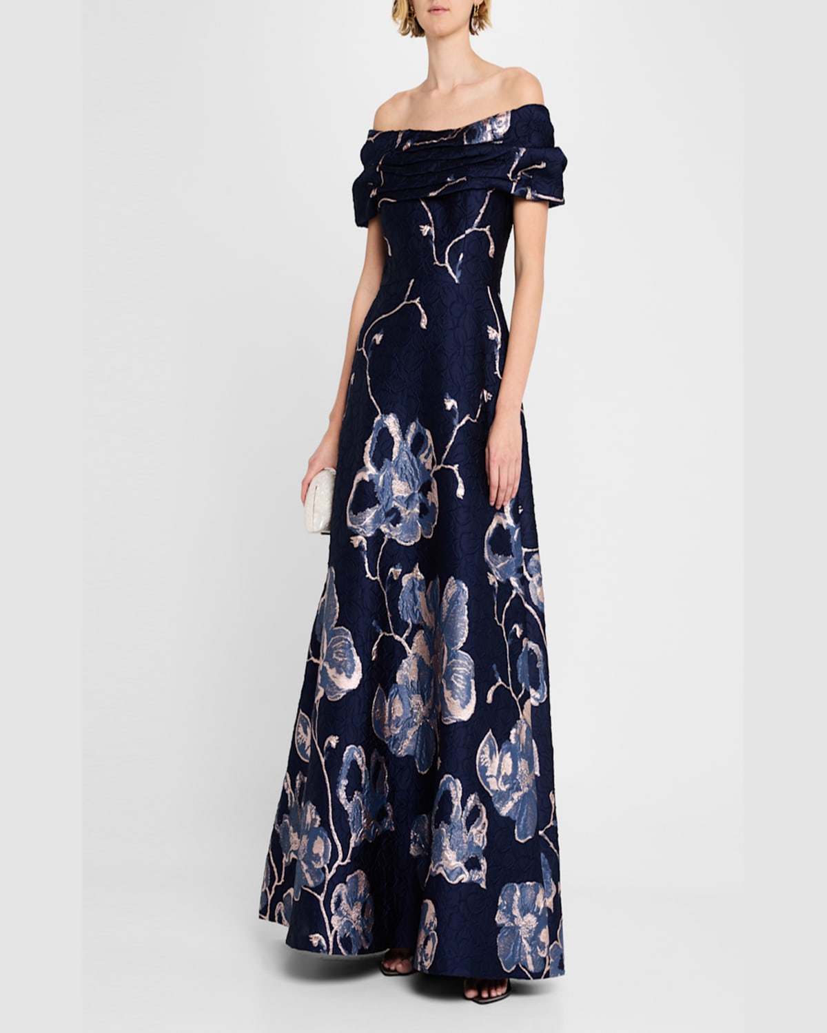 Rickie Freeman For Teri Jon Off-shoulder Metallic Jacquard Gown In Navy Multi