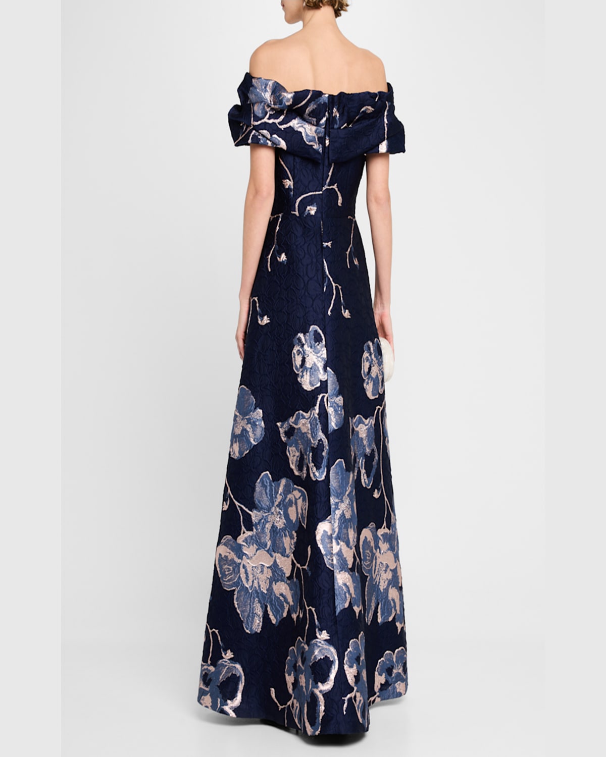 Rickie Freeman For Teri Jon Off-shoulder Metallic Jacquard Gown In Navy Multi