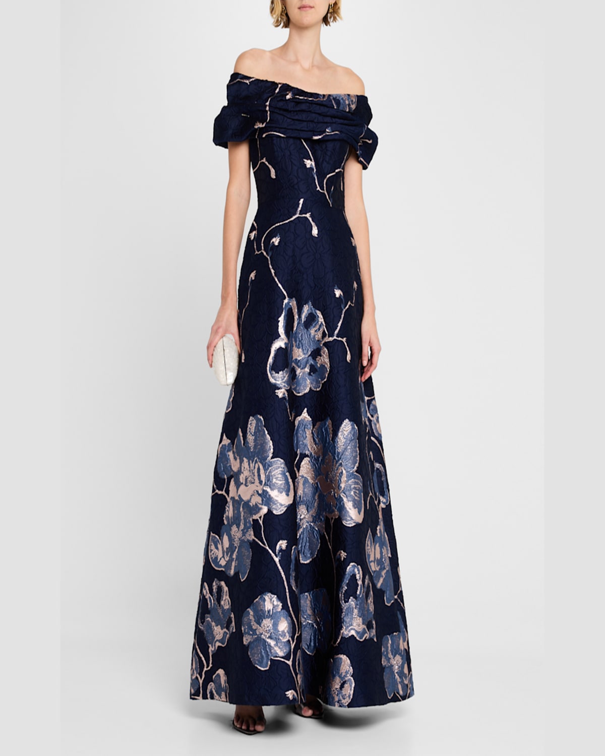 Rickie Freeman For Teri Jon Off-shoulder Metallic Jacquard Gown In Navy Multi
