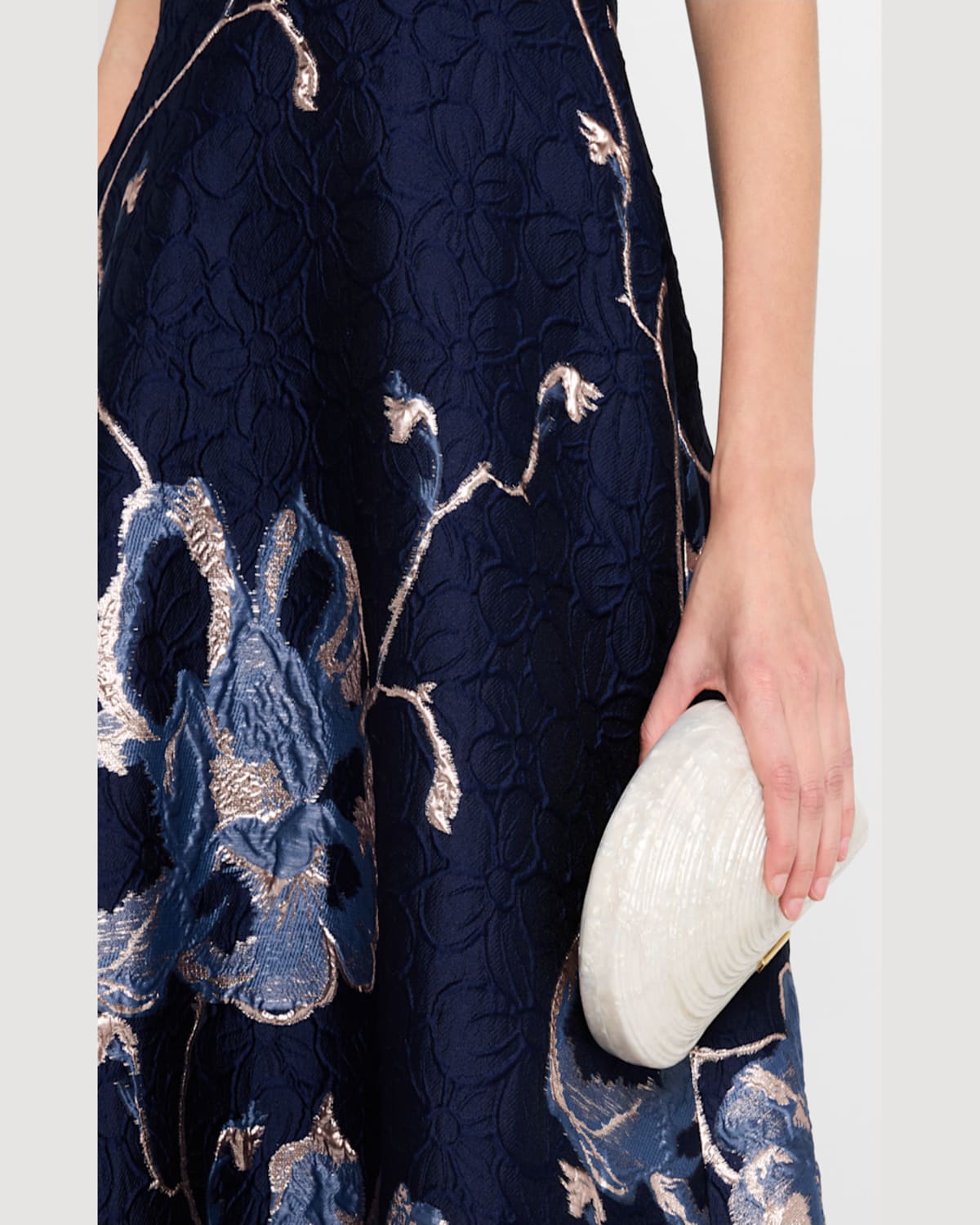 Rickie Freeman For Teri Jon Off-shoulder Metallic Jacquard Gown In Navy Multi
