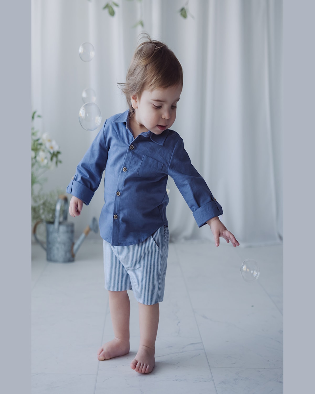 Miniclasix Boy's Linen Shirt & Shorts Set In Blue