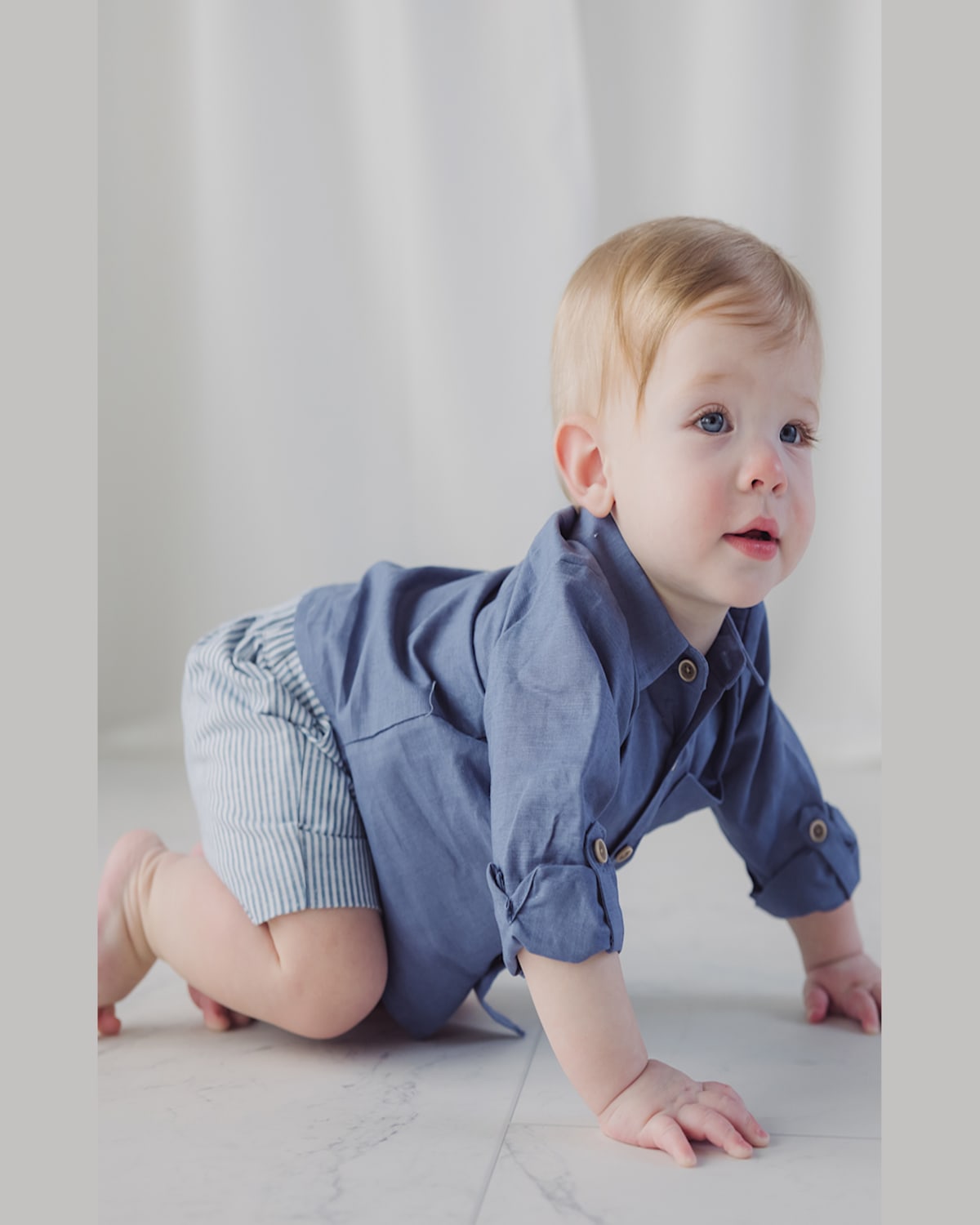 Miniclasix Boy's Linen Shirt & Shorts Set In Blue