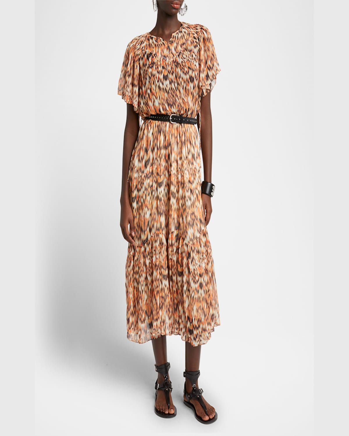 ISABEL MARANT ODELIA FLOUNCE-SLEEVE A-LINE SILK MIDI DRESS 