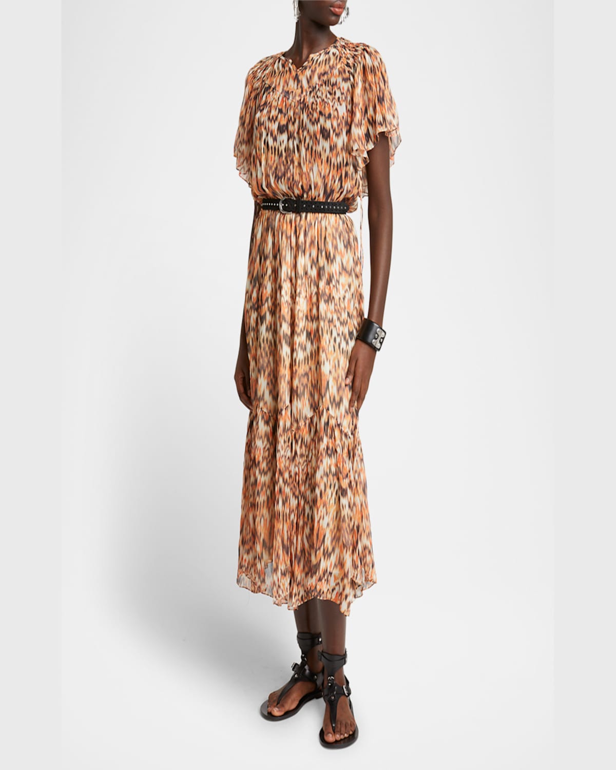 ISABEL MARANT ODELIA FLOUNCE-SLEEVE A-LINE SILK MIDI DRESS 