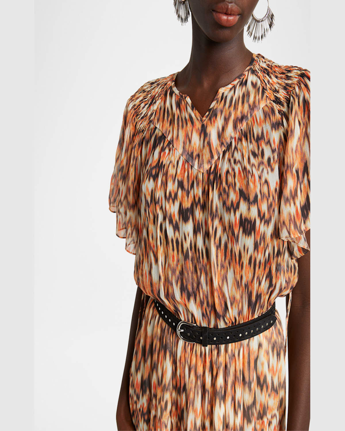 ISABEL MARANT ODELIA FLOUNCE-SLEEVE A-LINE SILK MIDI DRESS 