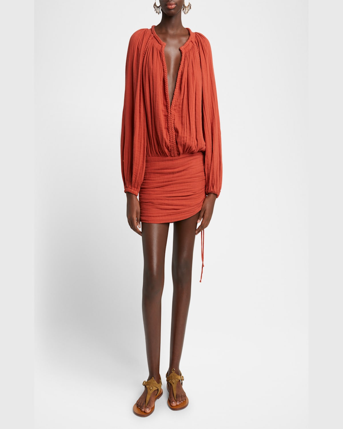Isabel Marant Dress With Trim Drawstring Pleats Sleeves In Burnt Orange