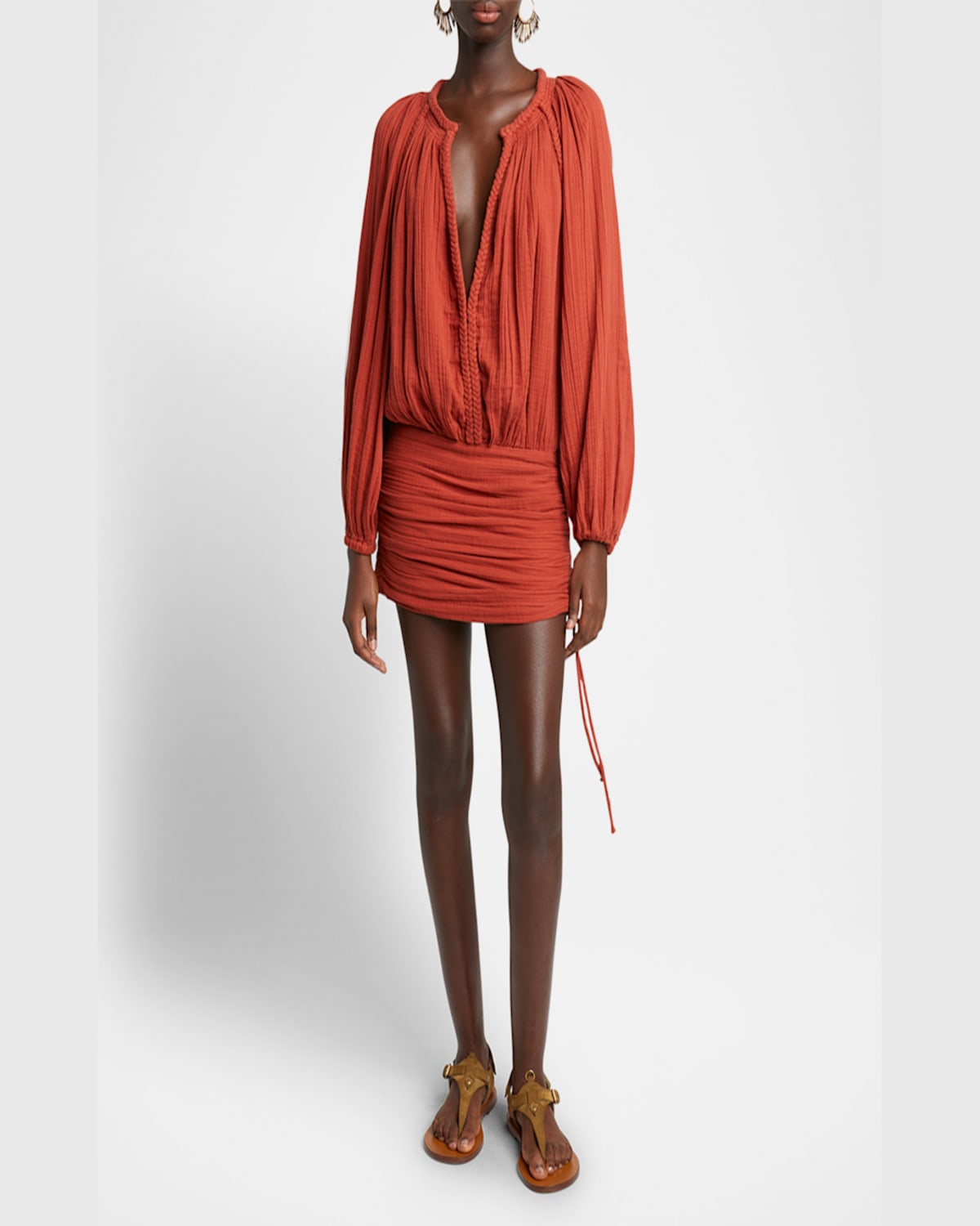 Isabel Marant Dress With Trim Drawstring Pleats Sleeves In Burnt Orange