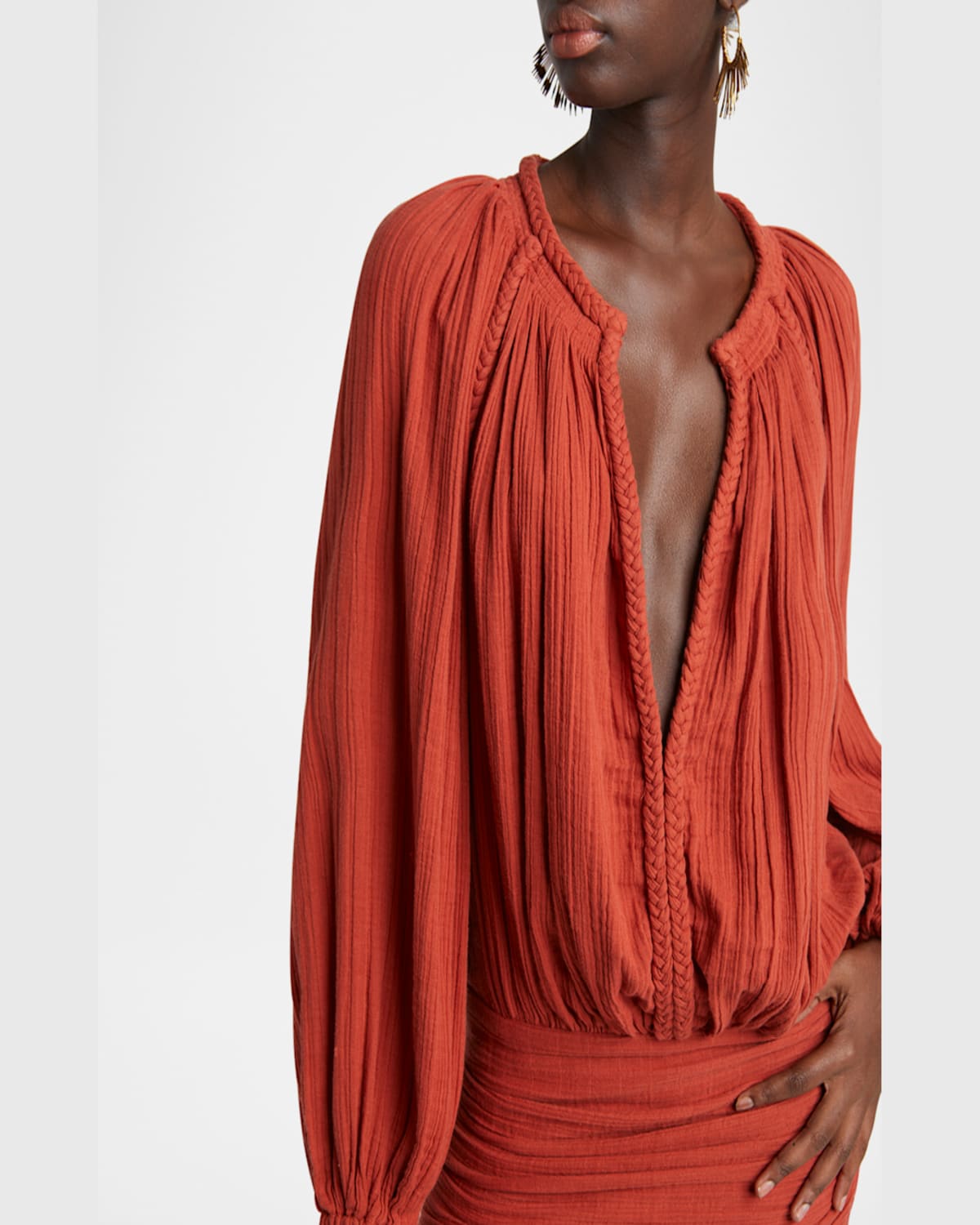 Isabel Marant Dress With Trim Drawstring Pleats Sleeves In Burnt Orange