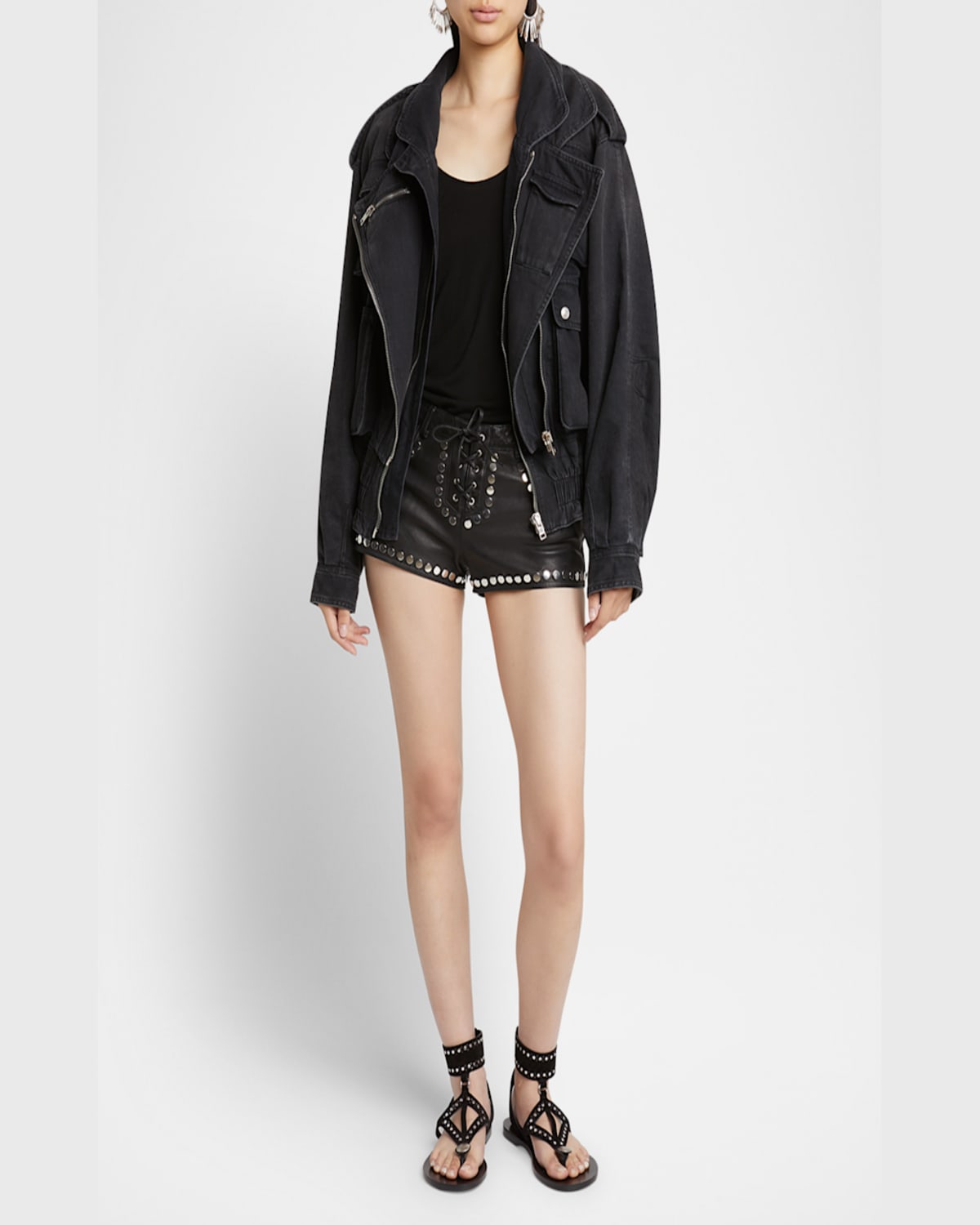 Isabel Marant Aneli Asymmetric Double Denim Bomber Jacket In Faded Black