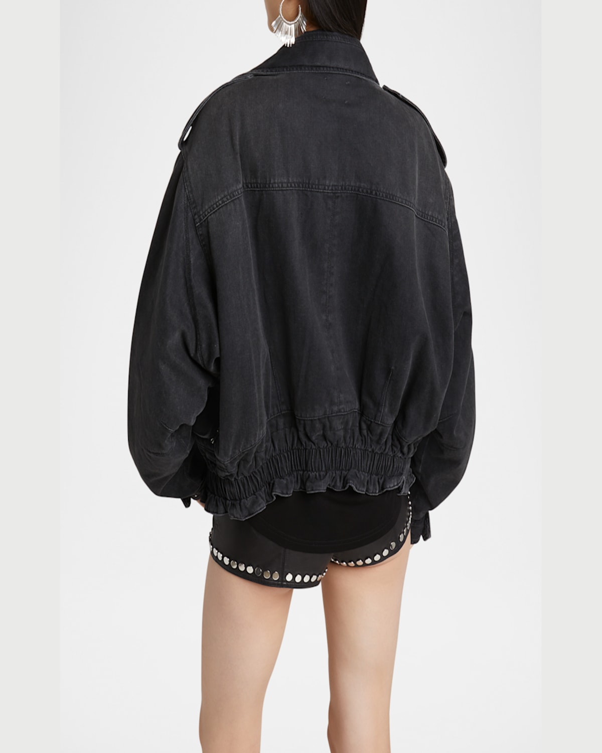 Isabel Marant Aneli Asymmetric Double Denim Bomber Jacket In Faded Black