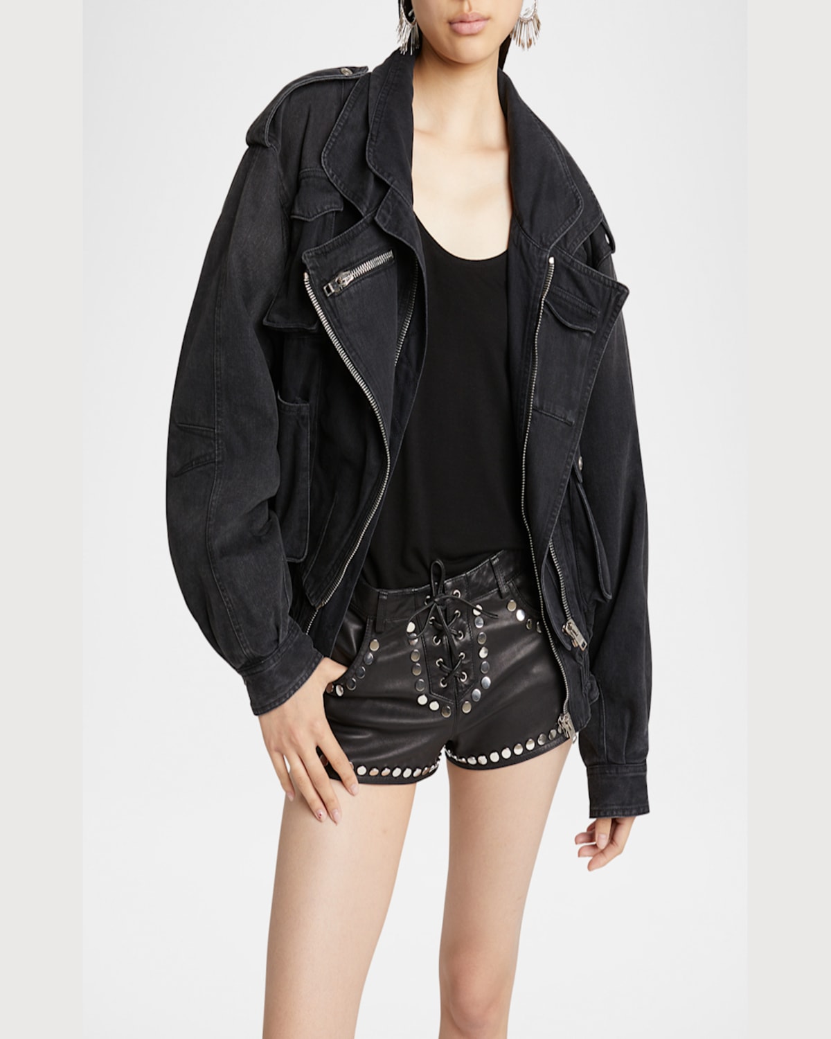 Isabel Marant Aneli Asymmetric Double Denim Bomber Jacket In Faded Black