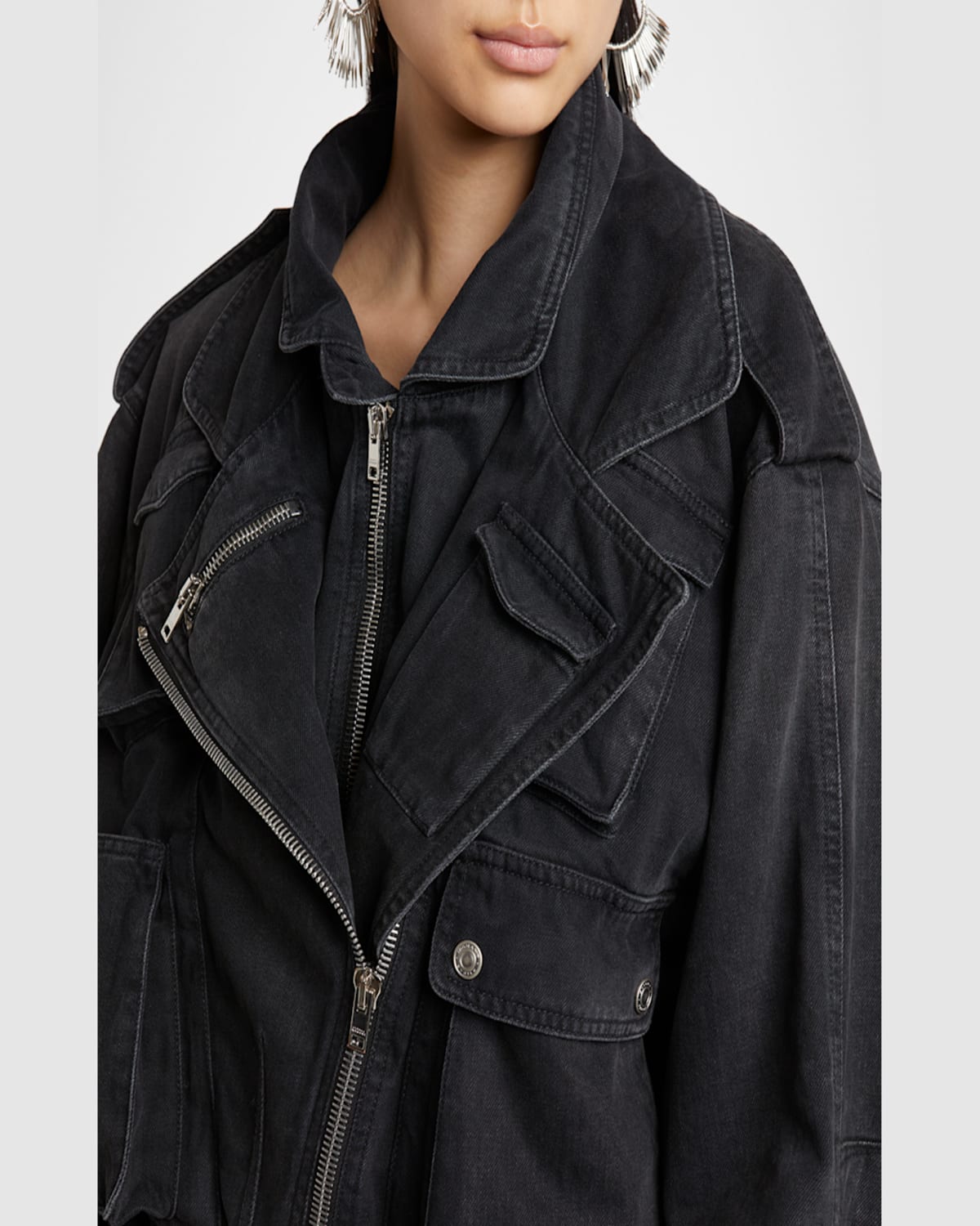 Isabel Marant Aneli Asymmetric Double Denim Bomber Jacket In Faded Black