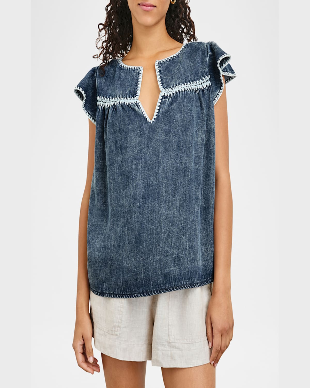 Rails Tafia Embroidered Flutter-sleeve Blouse In Classic Blue