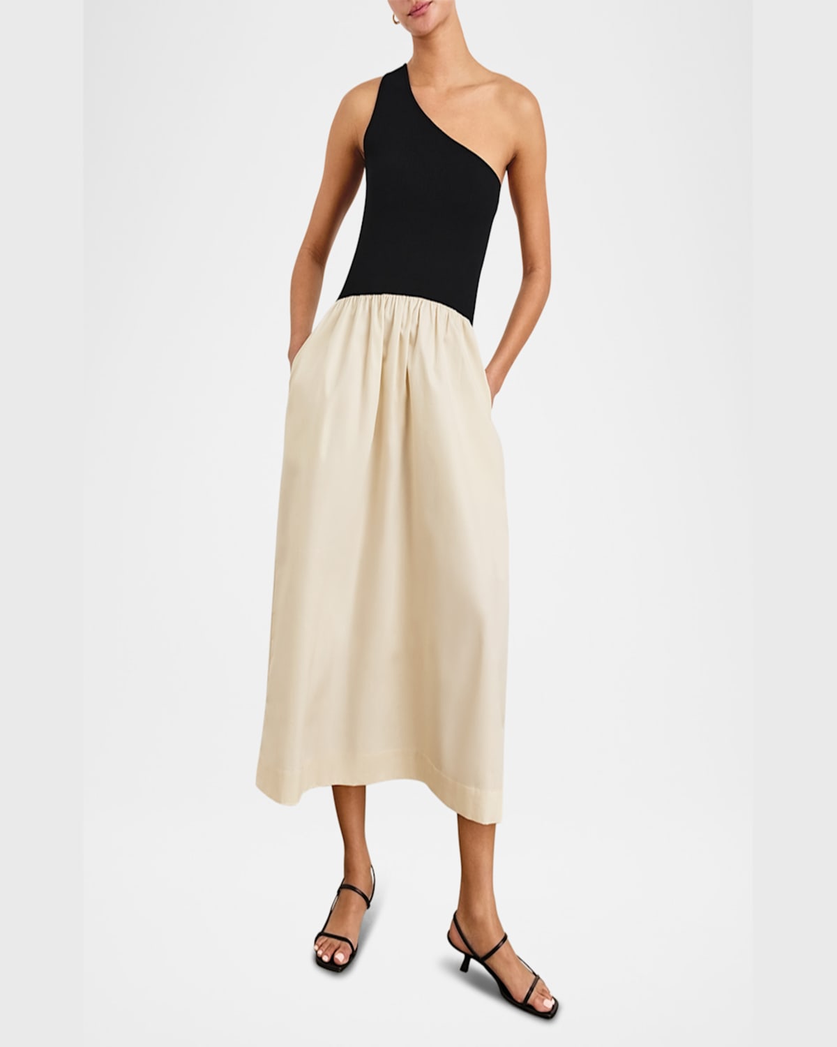 Rails Anita One-shoulder Colorblock Mixed Media Midi Dress In Black Ivory